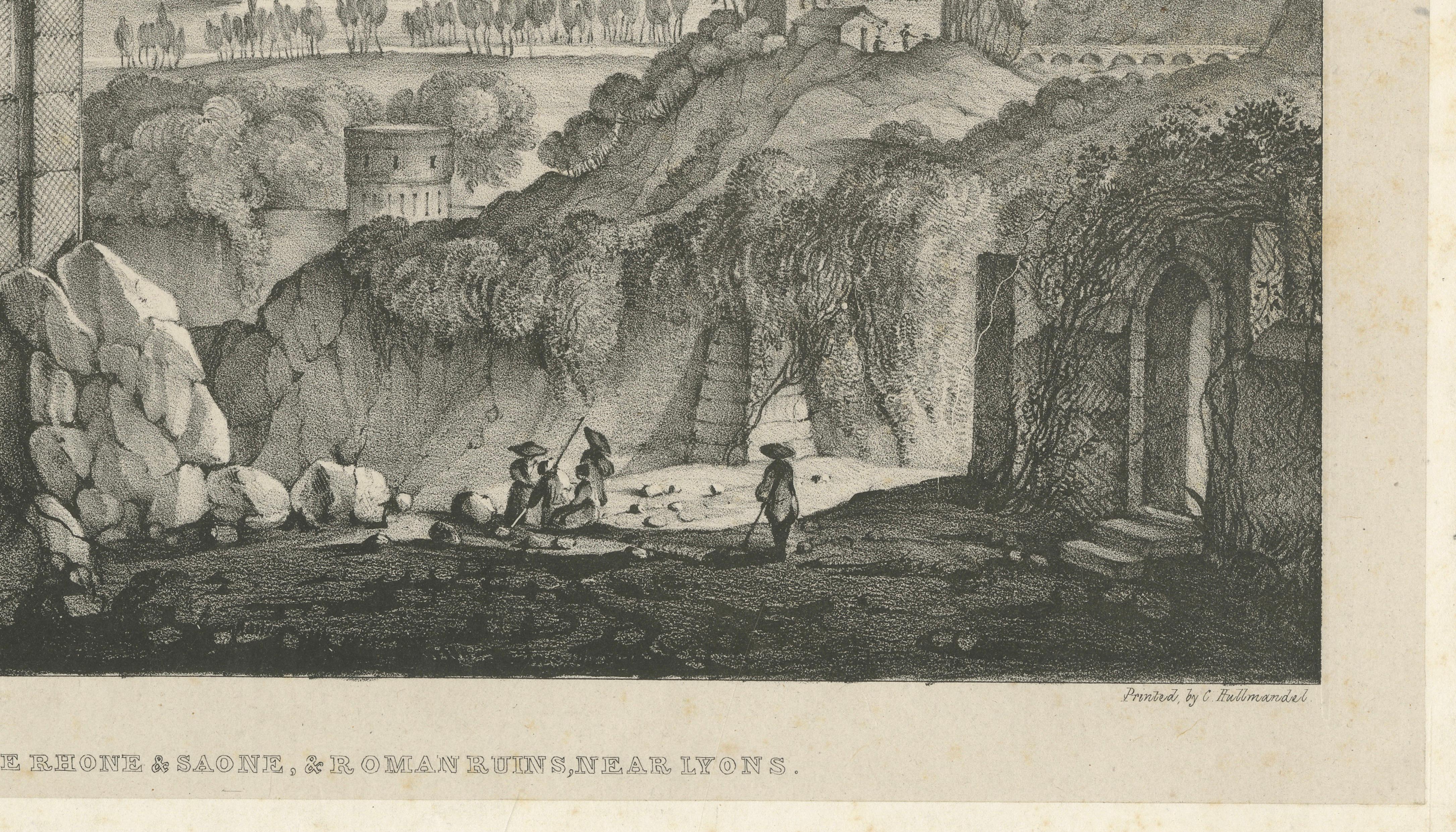 Junction of the Rhone and Saone, Roman Ruins near Lyons – Lithograph,  c.1835