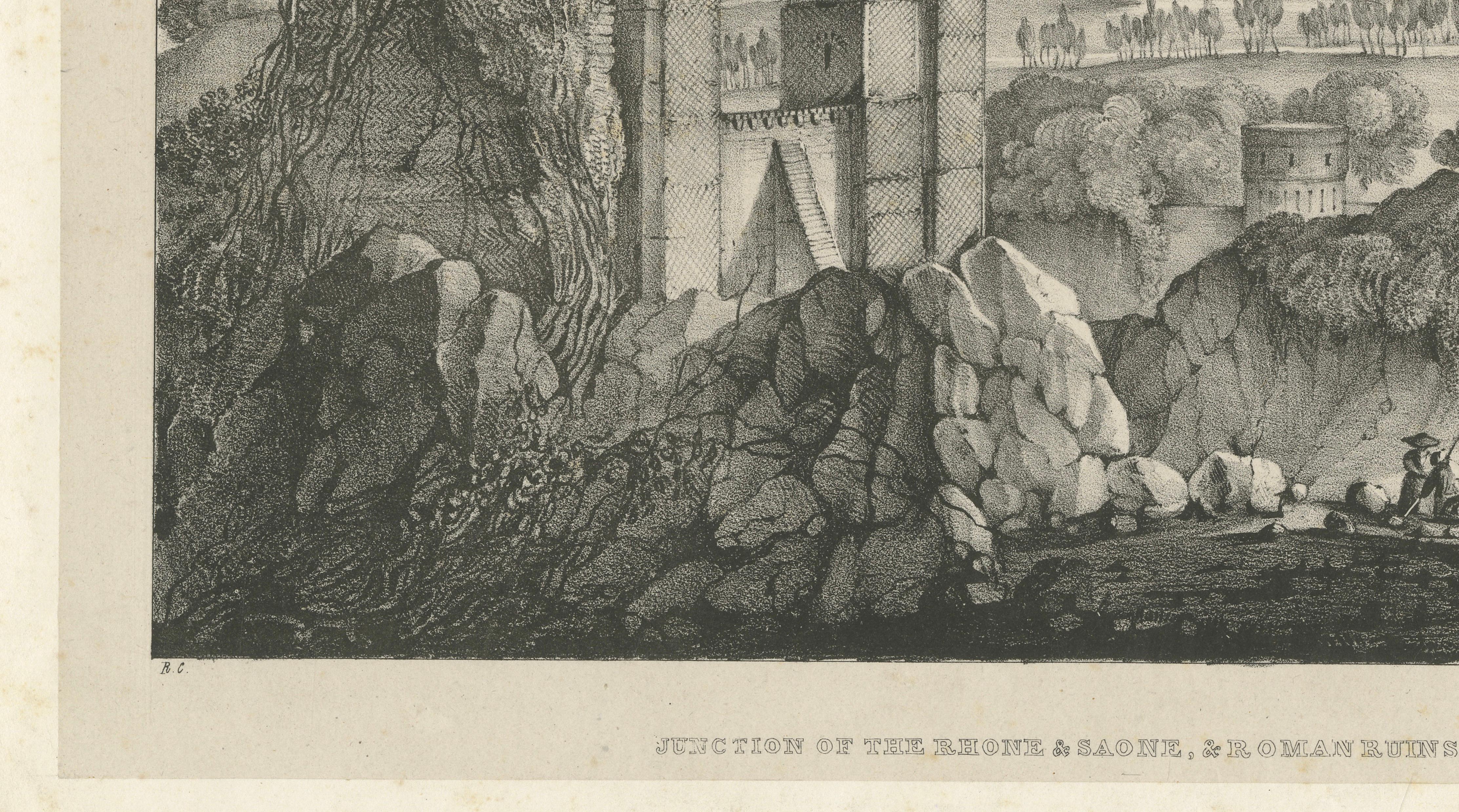 Junction of the Rhone and Saone, Roman Ruins near Lyons – Lithograph,  c.1835