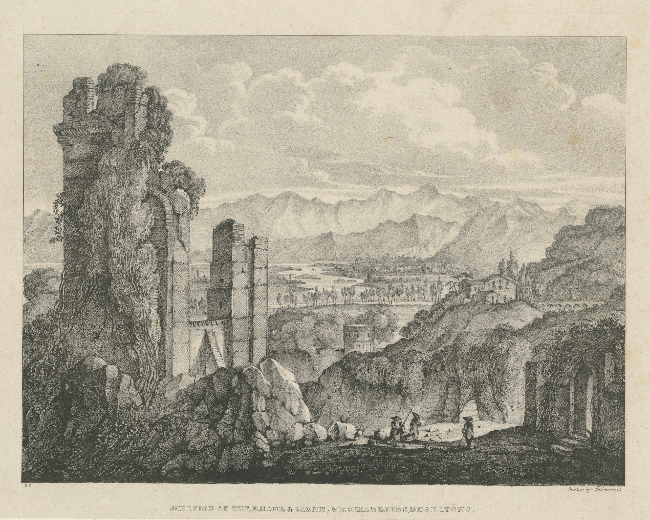 Junction of the Rhone and Saone, Roman Ruins near Lyons – Lithograph,  c.1835