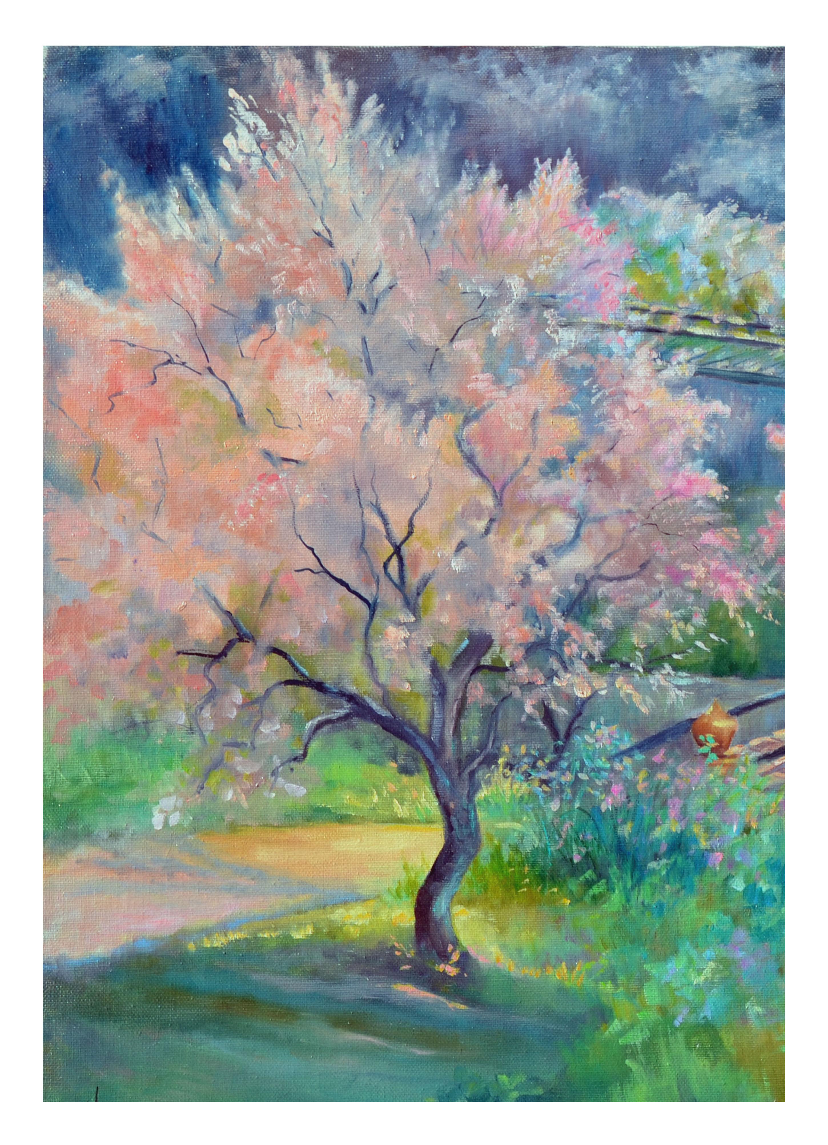 Cherry Tree and Wisteria in Bloom Golden Gate Park, Springtime Landscape - Painting by June A. Hughes