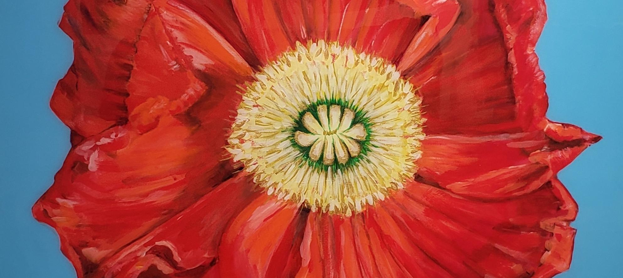 African Poppy, Realism, Acrylic w/Resin, Floral Painting, Gallery Wrap  - Red Still-Life Painting by June Arthur