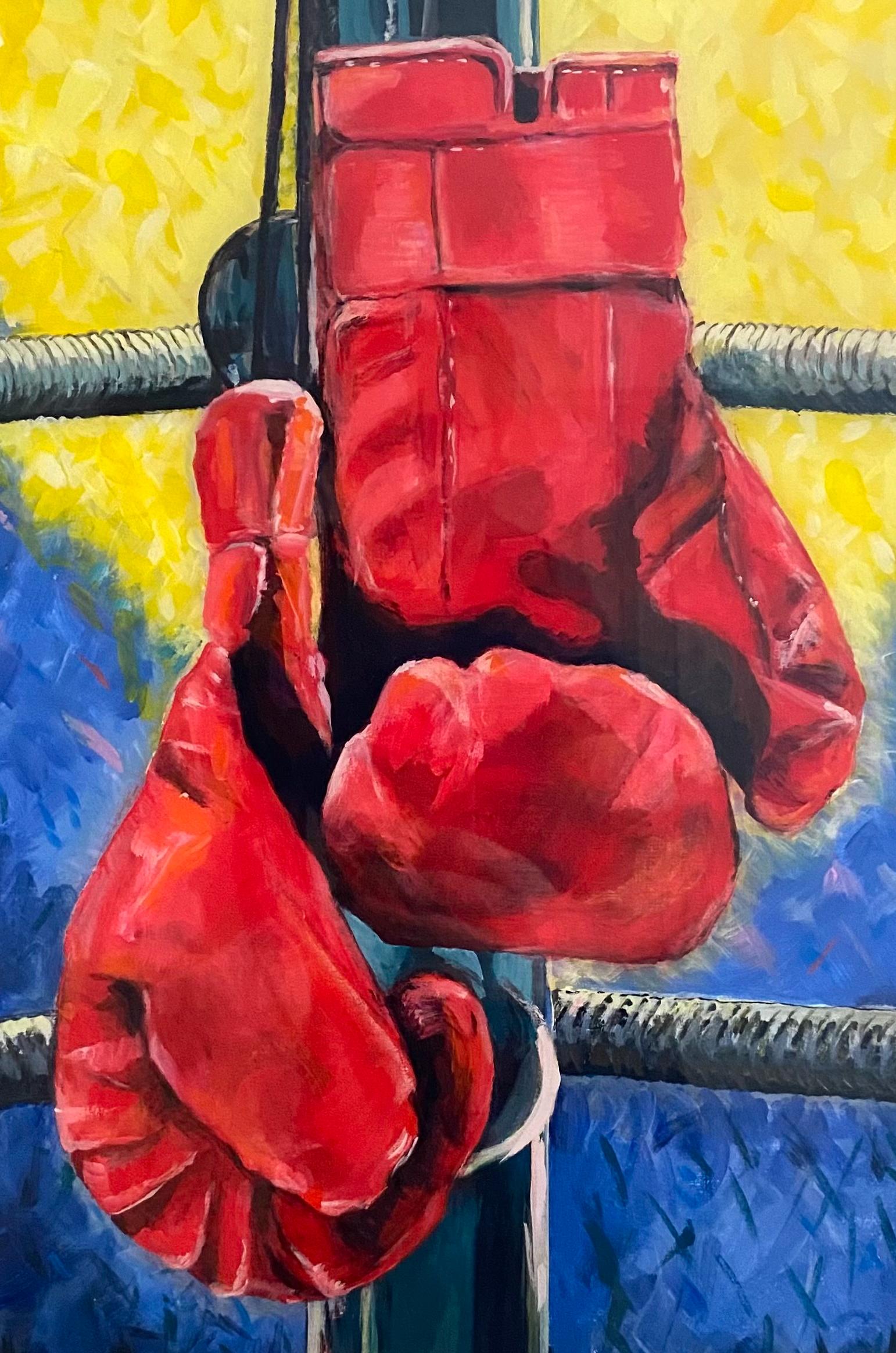  Another Win, réalisme, acrylique avec enveloppe de galerie en résine, gants de boxe, ringside - Réalisme Painting par June Arthur