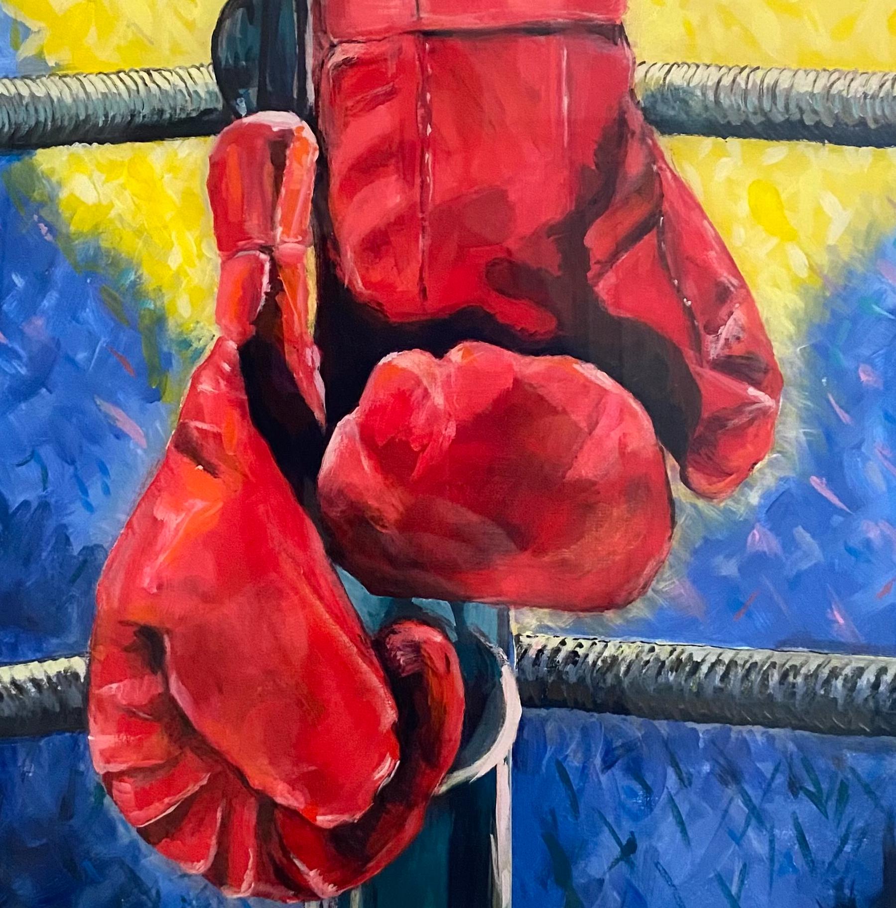  Another Win, réalisme, acrylique avec enveloppe de galerie en résine, gants de boxe, ringside - Violet Still-Life Painting par June Arthur