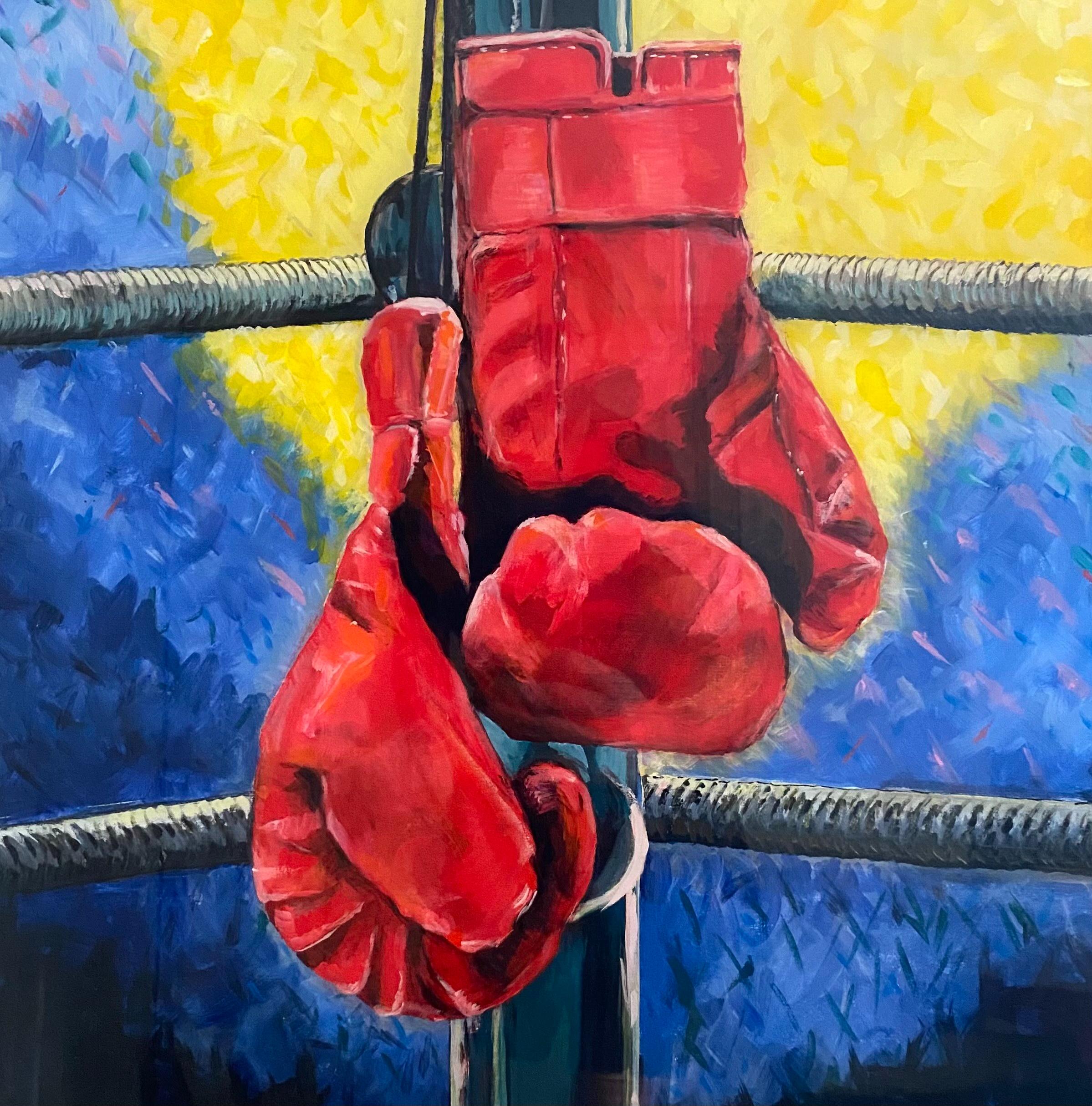 Still-Life Painting June Arthur -  Another Win, réalisme, acrylique avec enveloppe de galerie en résine, gants de boxe, ringside