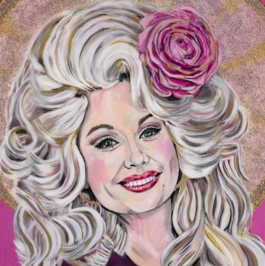   Dolly Parton  Realism, Acrylic w/Resin Gallery Wrap, Country Western - Painting by June Arthur
