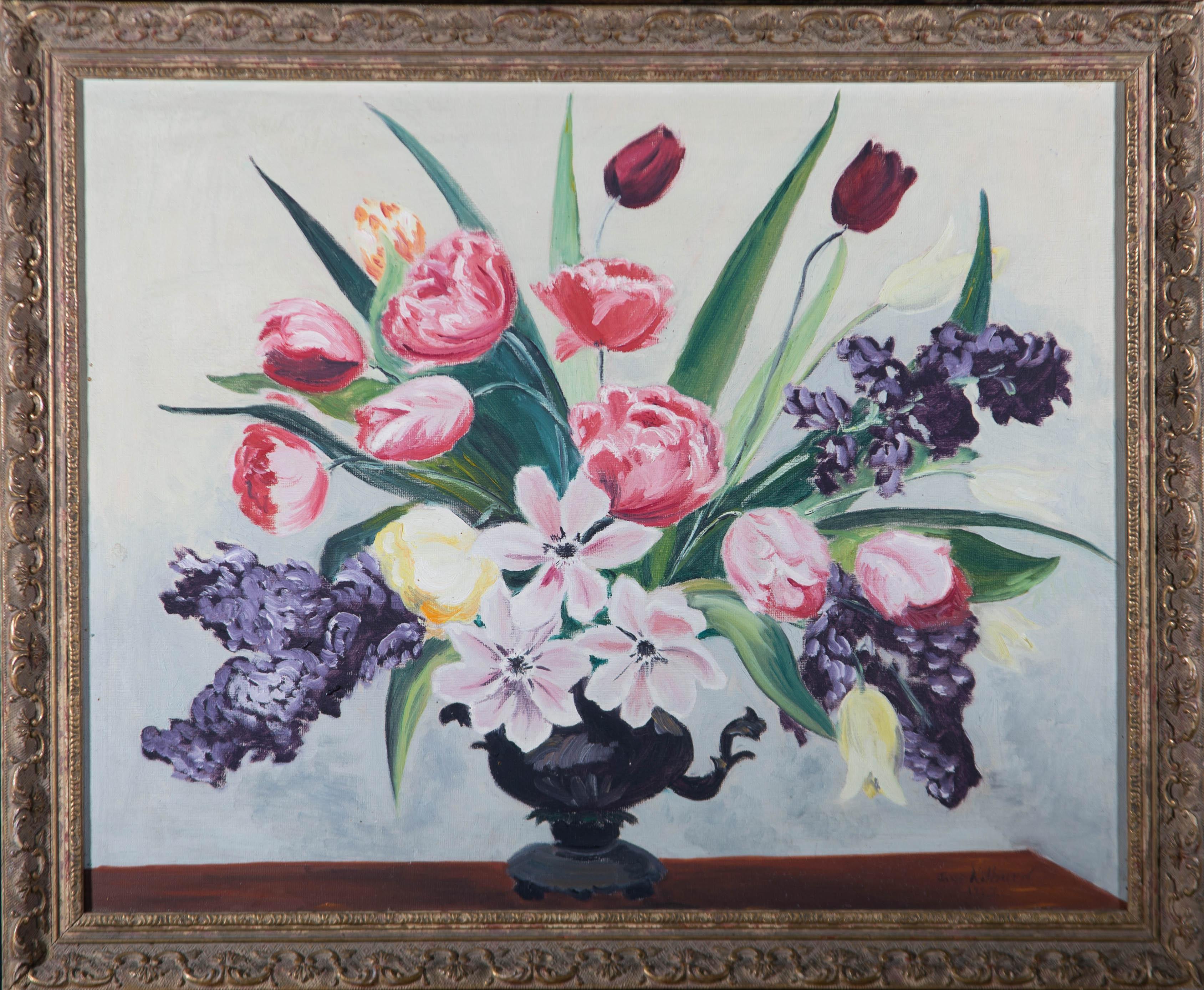 A delightful oil painting, depicting a floral still life. Even though it is signed 'June Kilburn', we believe this is June Barker's maiden name. Well-presented in an ornate gilt effect frame, as shown. On board.
