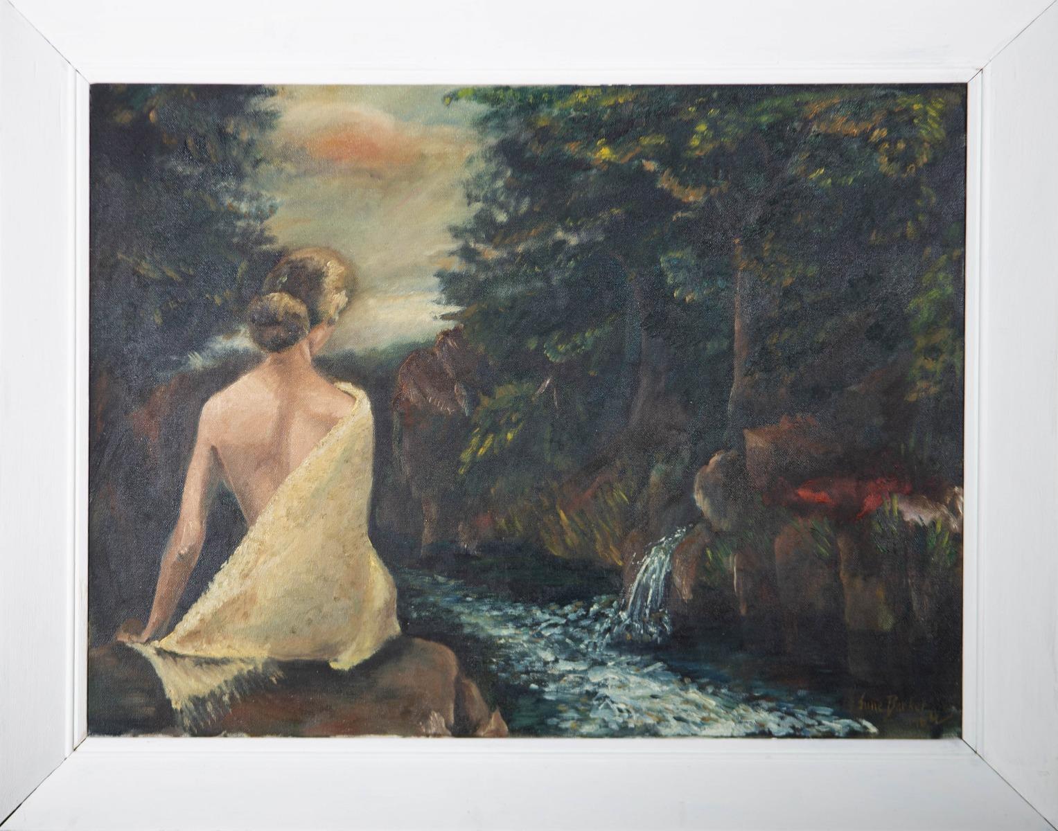 A pleasant oil painting by June Conning Barker, depicting a female figure seated by a small stream of water. Signed and dated to the lower right-hand corner. Presented in a white wooden frame. On canvas on stretchers.
