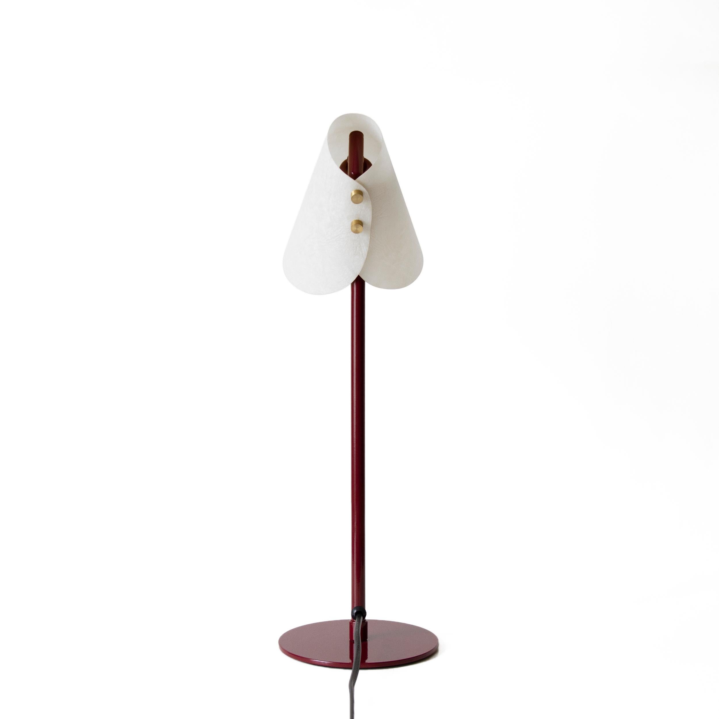 Modern June Desk Lamp, Metal & Parchment, Maroon, Inspired by Victorian Bonnets