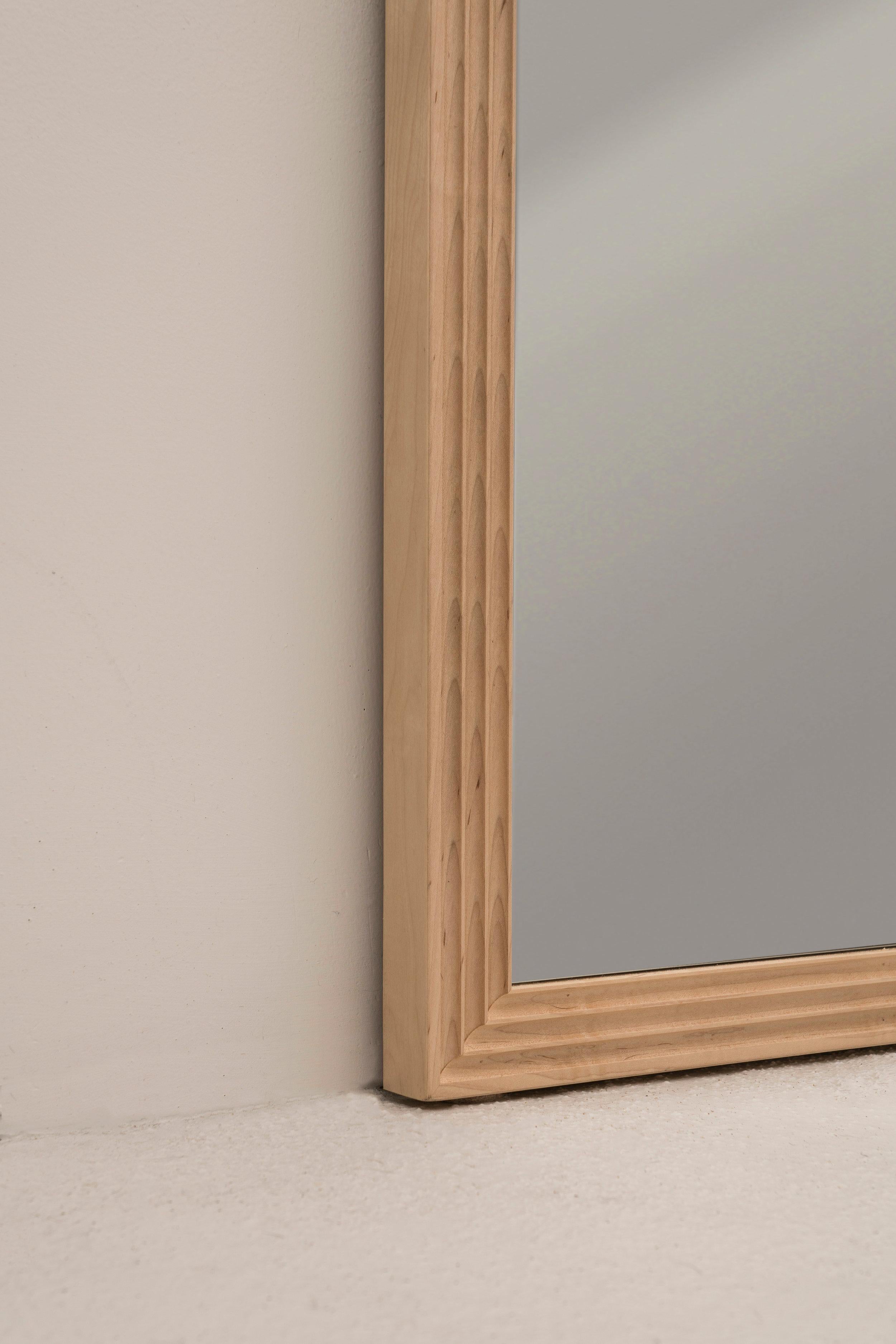Modern June Floor Mirror, in Carved Maple and Handcut Mirror
