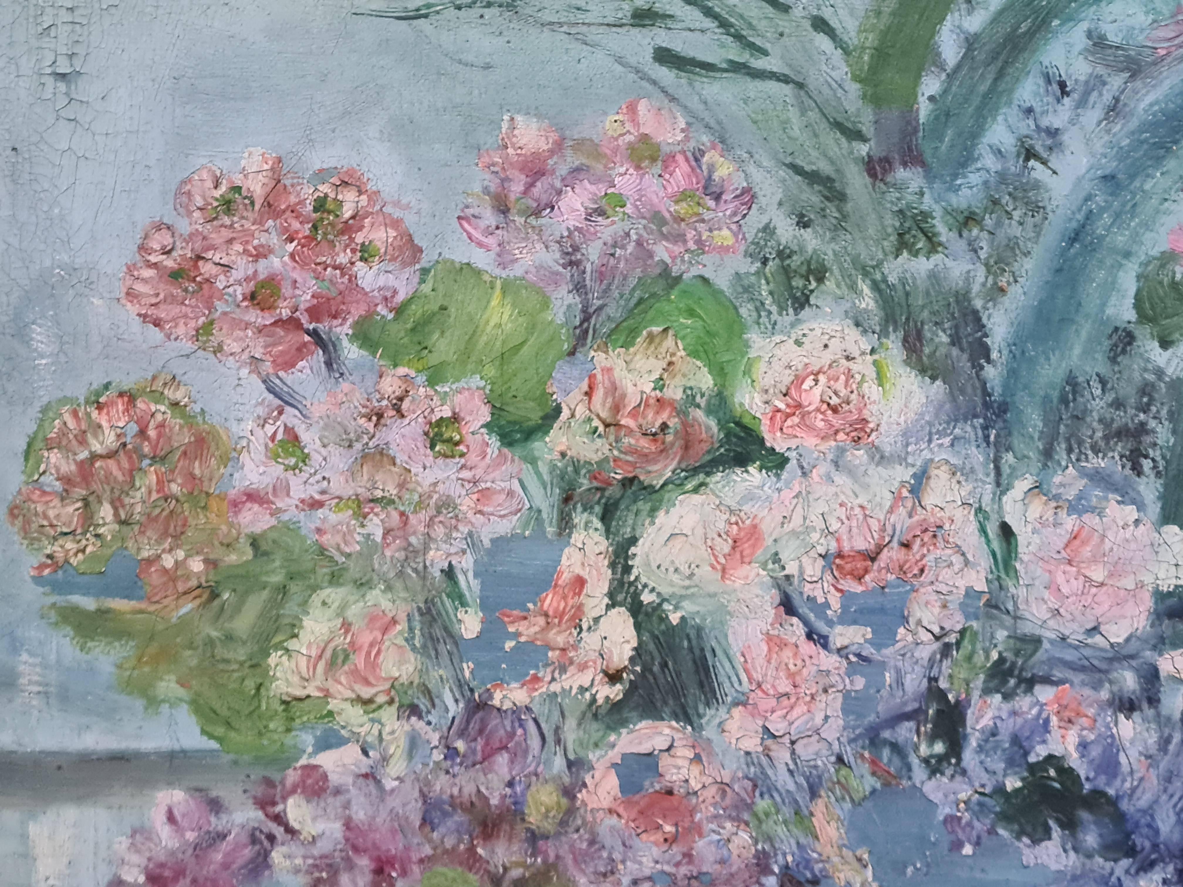 Französischer Impressionist Öl auf Leinwand, Innenansicht, Pflanzen an einem Fenster von June Fortan. Das Gemälde ist unten rechts signiert.

Eine farbenfrohe und üppige Innenansicht einer Sammlung von Pflanzen und Blumen vor einem großen Fenster.