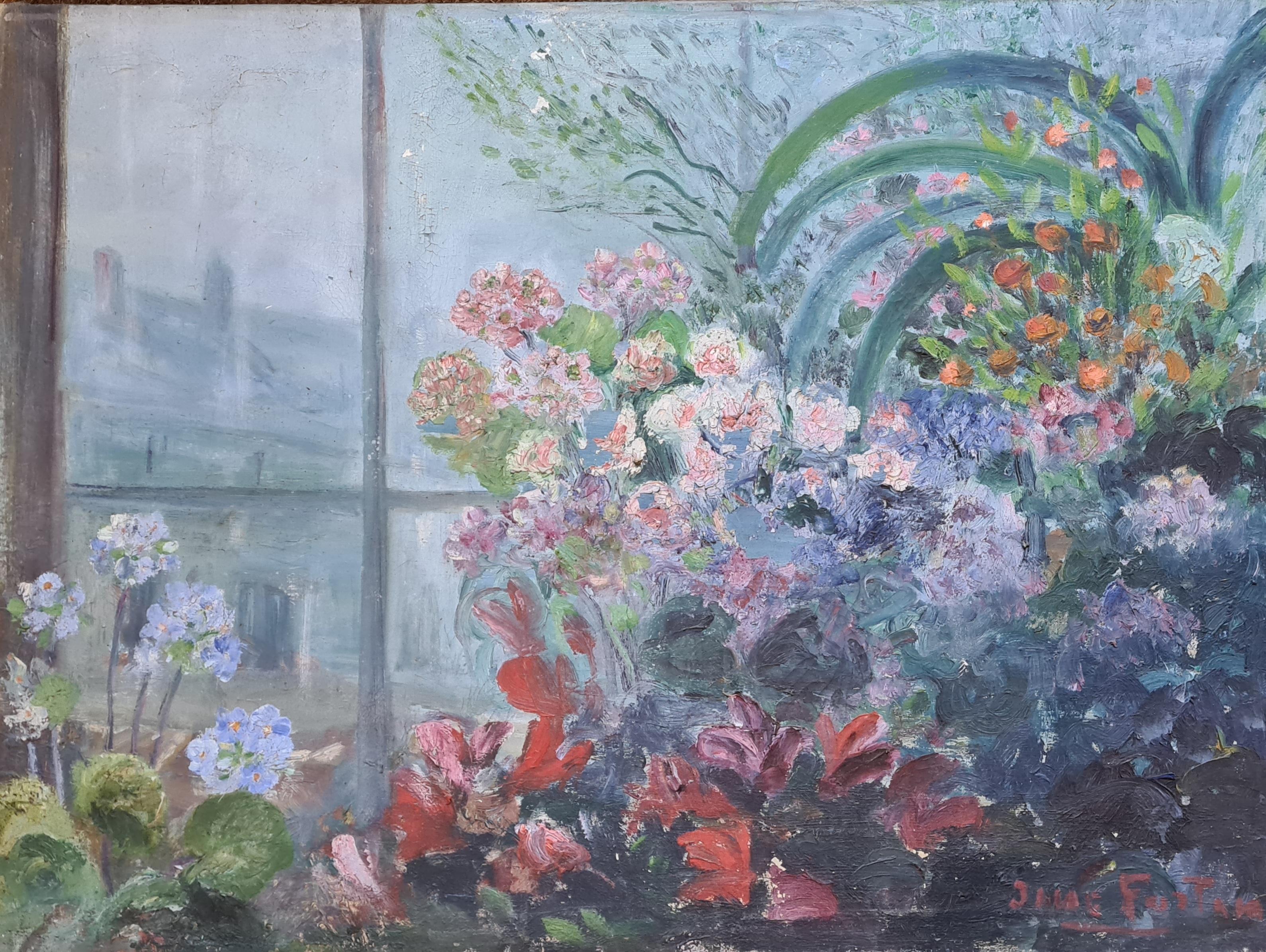Vue d'un intérieur impressionniste français, abondance florale, vue d'une fenêtre