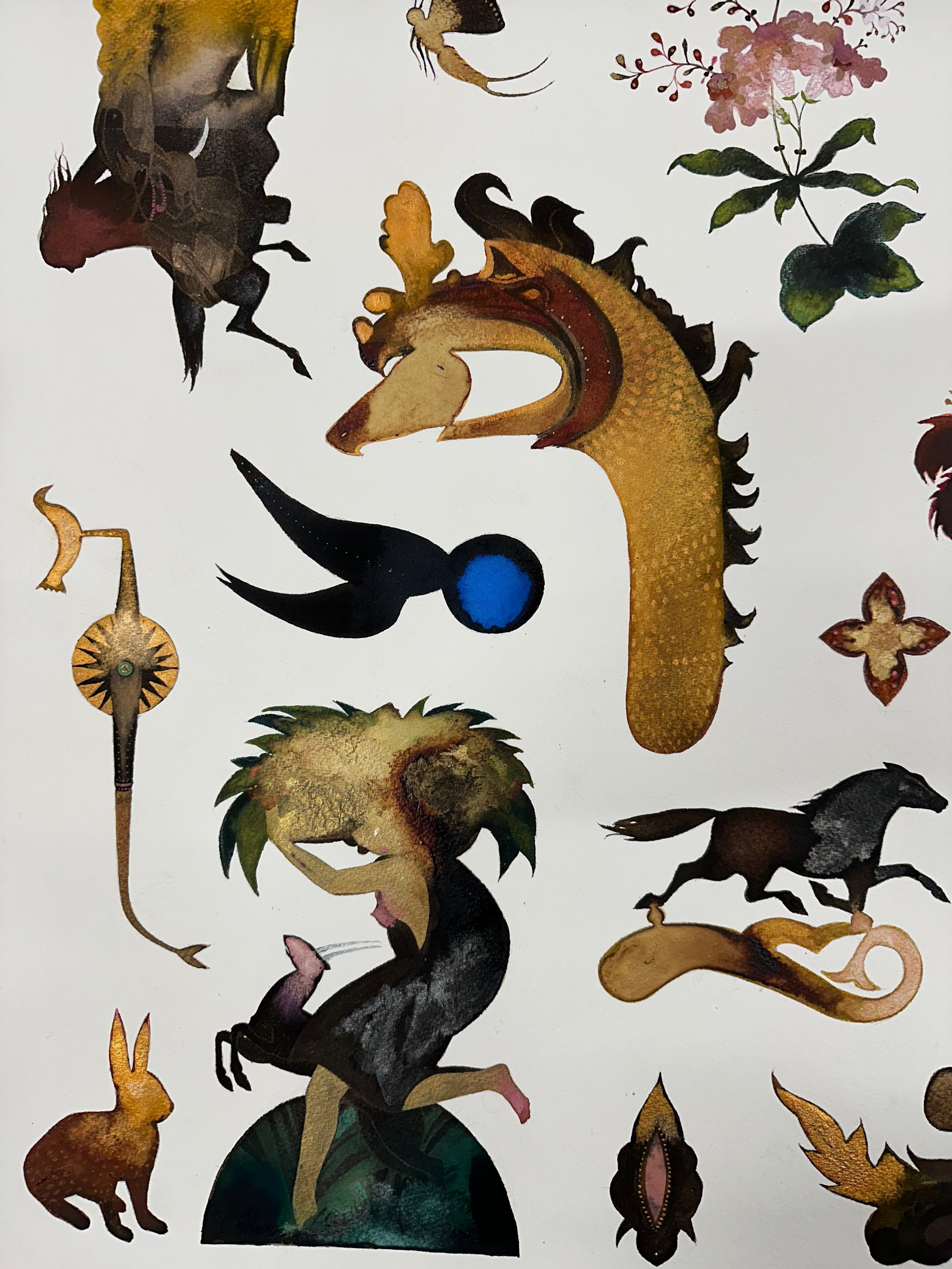 Arreglo Ocho - Conejo Contemporáneo Figurativo Animal Formas Botánicas, 2024 - Painting de June Glasson