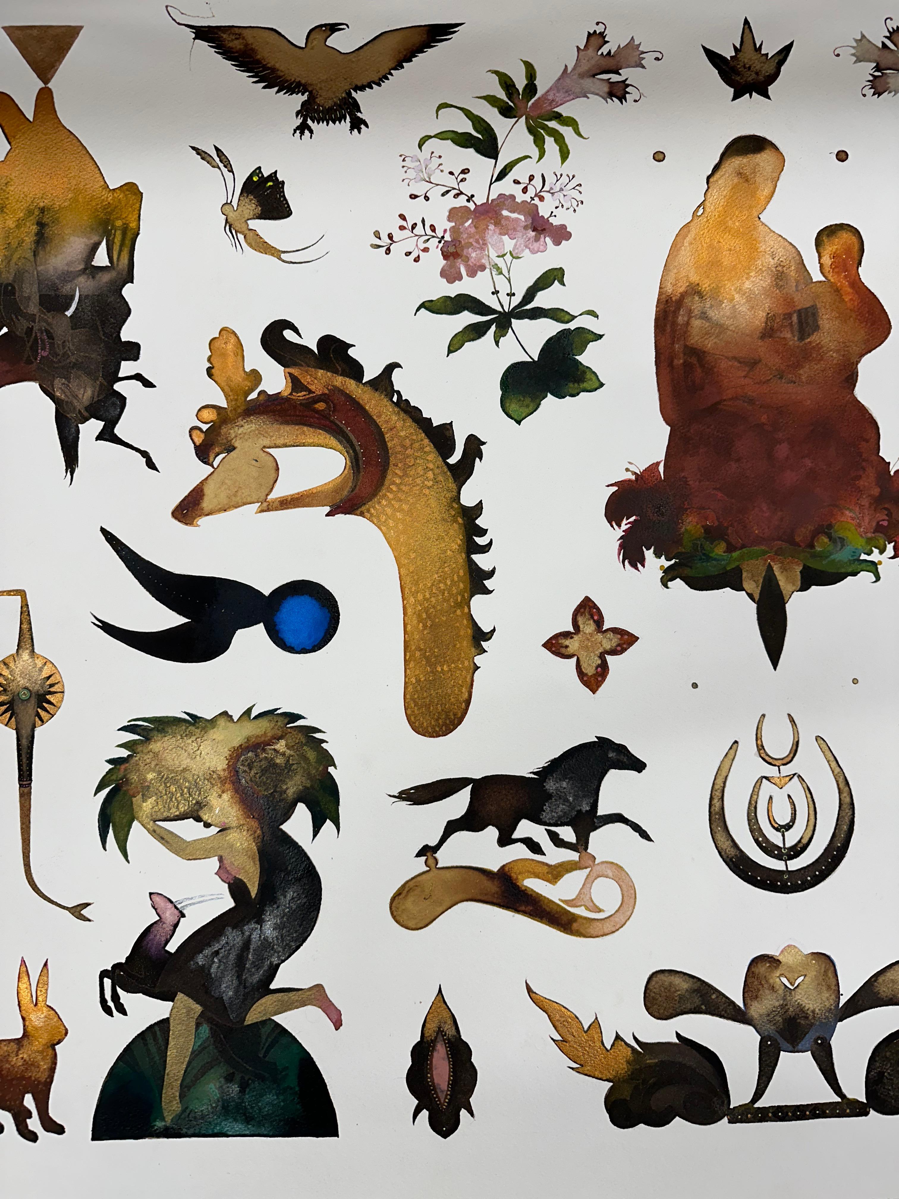 Arreglo Ocho - Conejo Contemporáneo Figurativo Animal Formas Botánicas, 2024 - Figurative Painting Gris de June Glasson