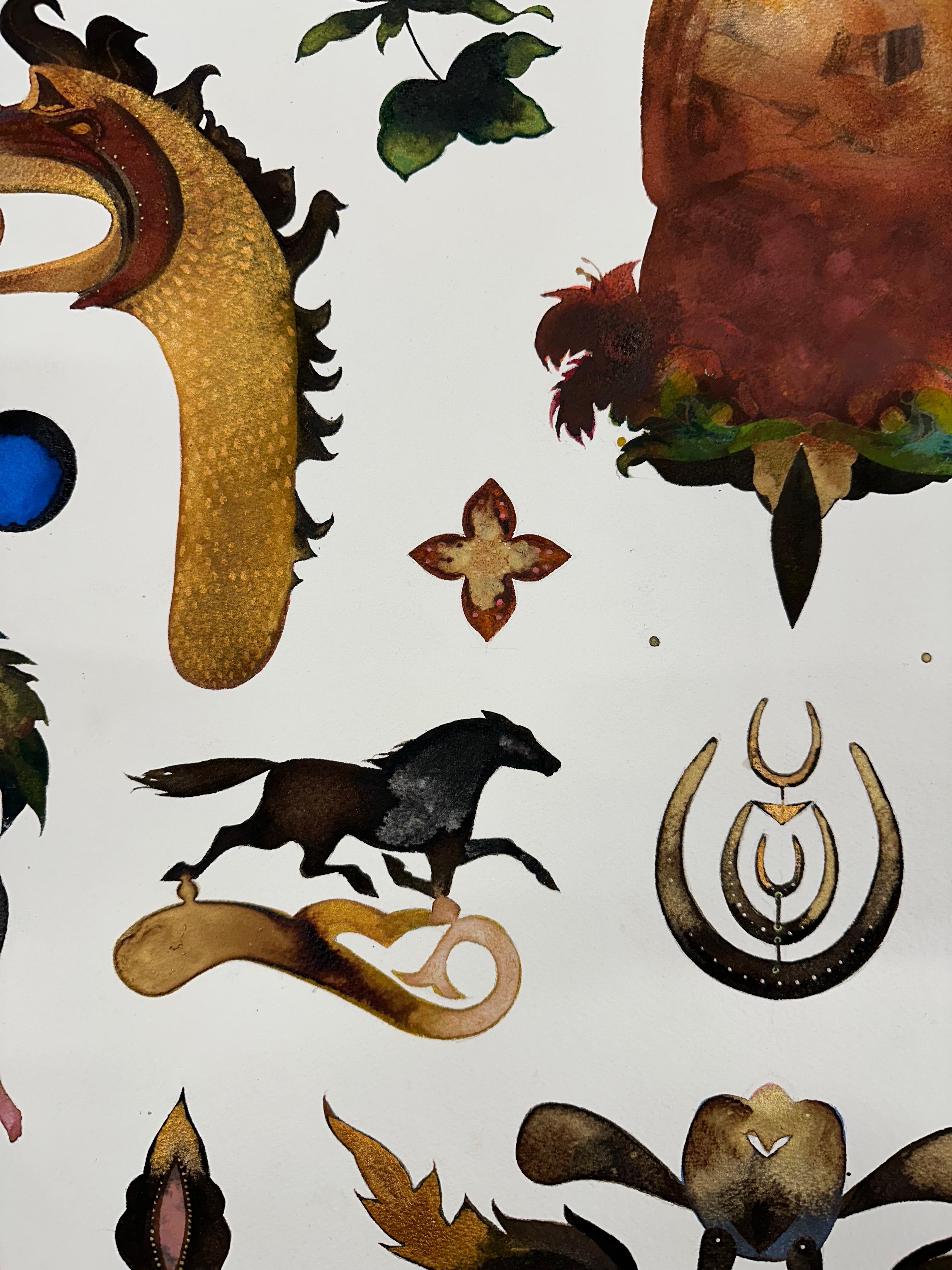 Esta pintura contemporánea en tinta, aguada y lápiz sobre papel de archivo se compone de formas sólidas, botánicas y animales en ricos tonos dorados, ámbar oscuro y joya. La disposición de las formas es horizontalmente simétrica.

Disponible sin