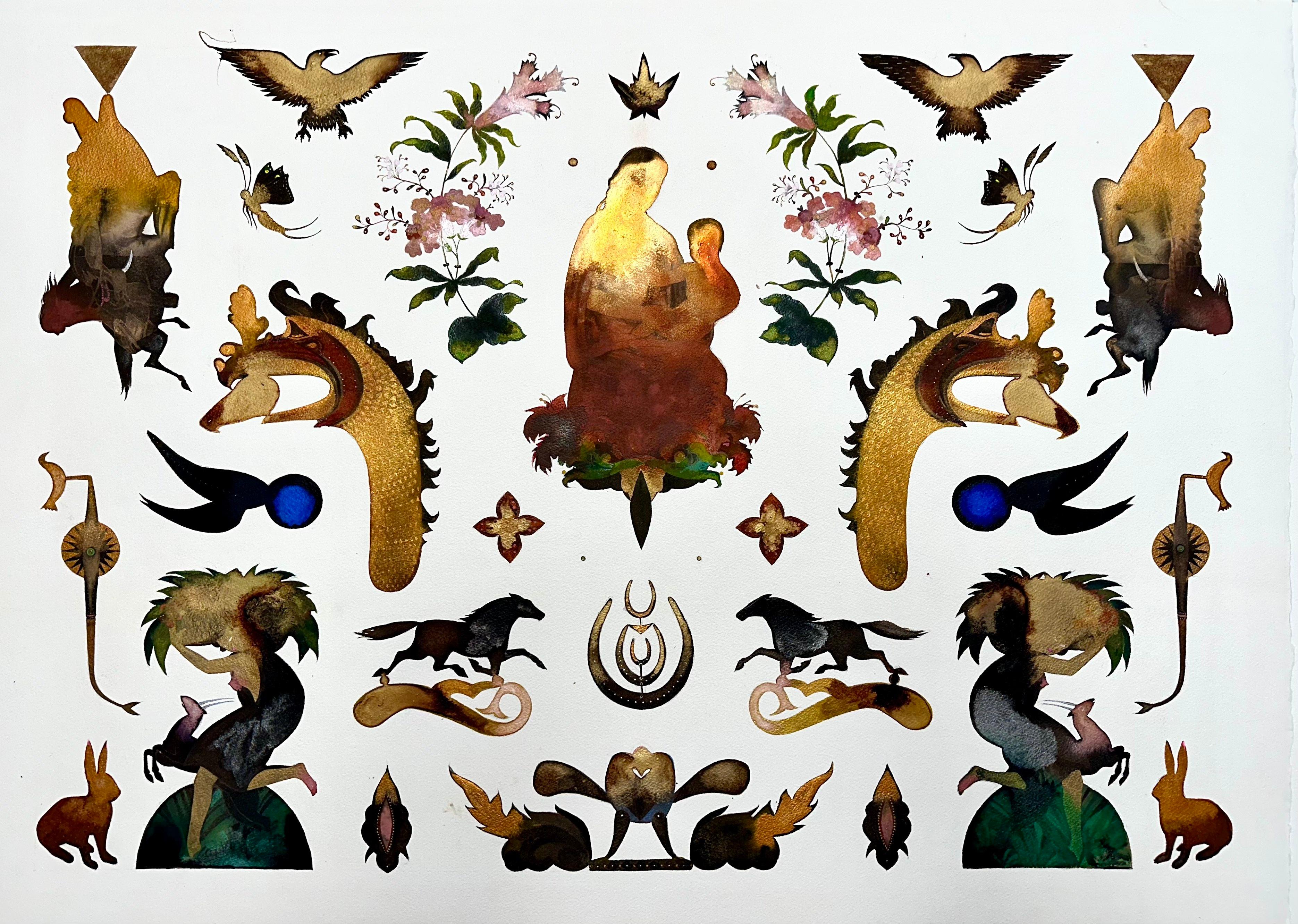 Figurative Painting de June Glasson - Arreglo Ocho - Conejo Contemporáneo Figurativo Animal Formas Botánicas, 2024