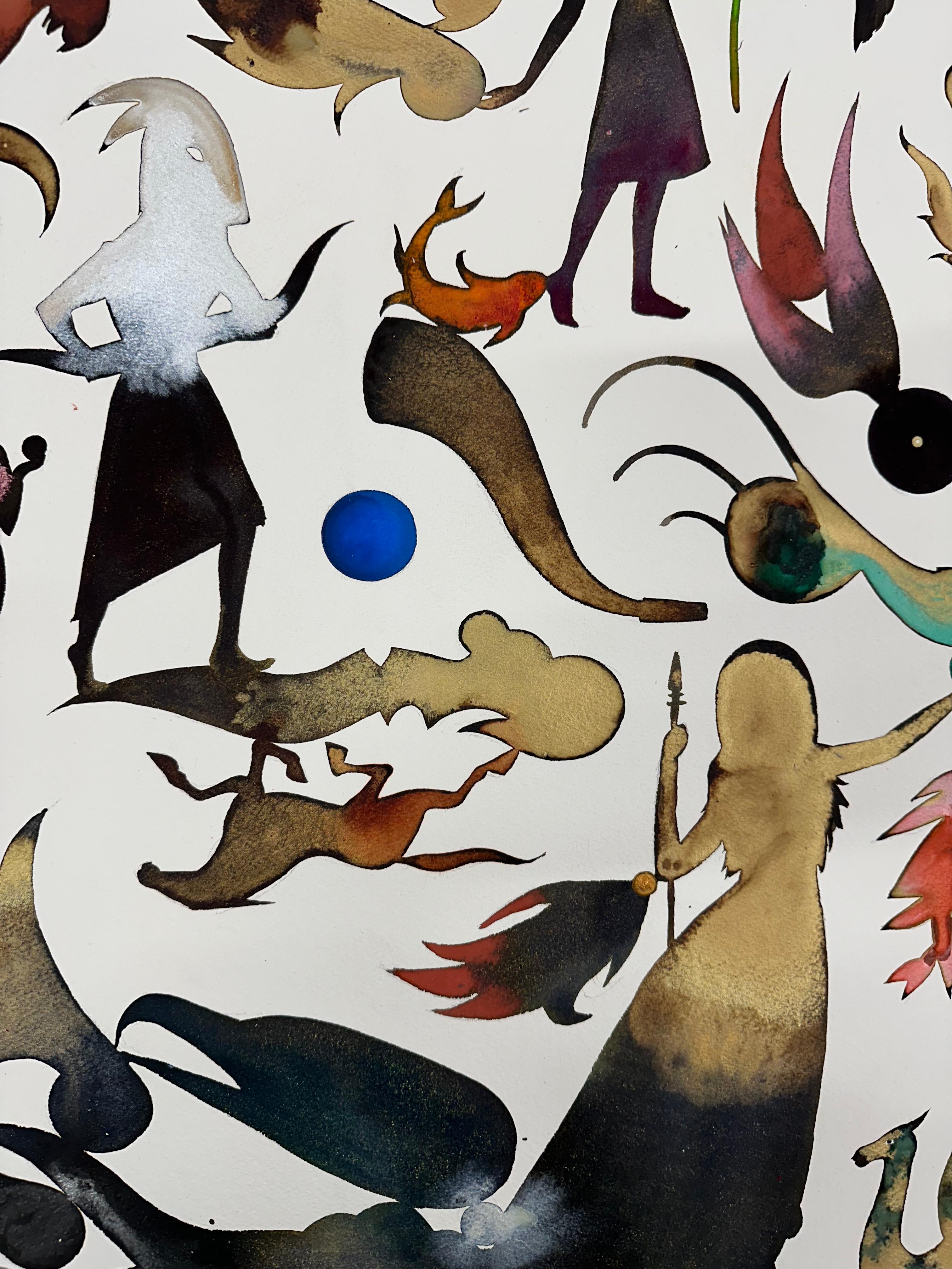 Cette peinture contemporaine à l'encre, à la gouache et au crayon sur papier d'archives, est composée de formes pleines, botaniques, animales et figuratives suggérant des personnages féminins forts.

Disponible sans encadrement, veuillez vous
