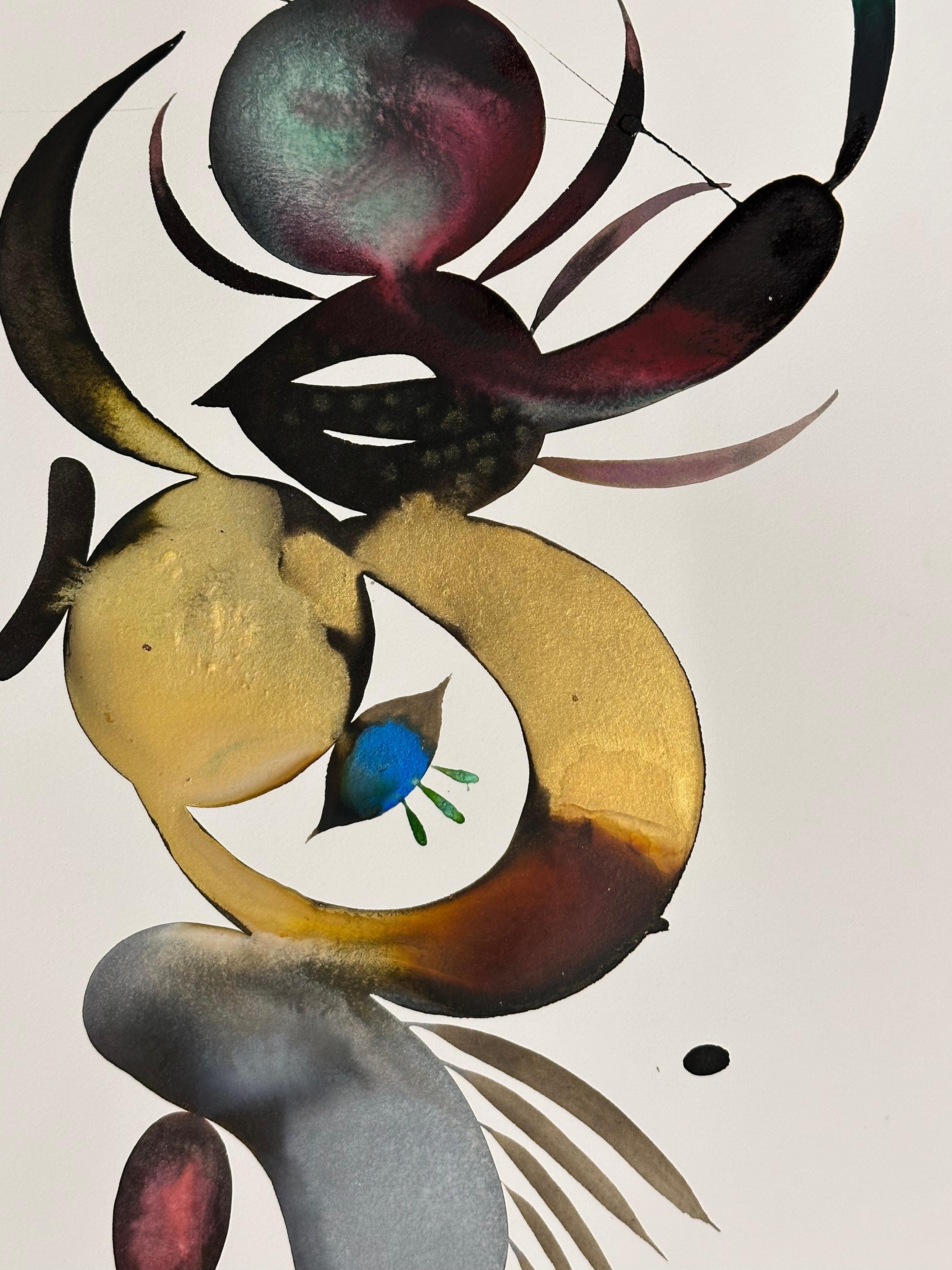 Delights 125 - Motivo astratto contemporaneo di forme blu verde acqua oro, 2024 - Painting di June Glasson