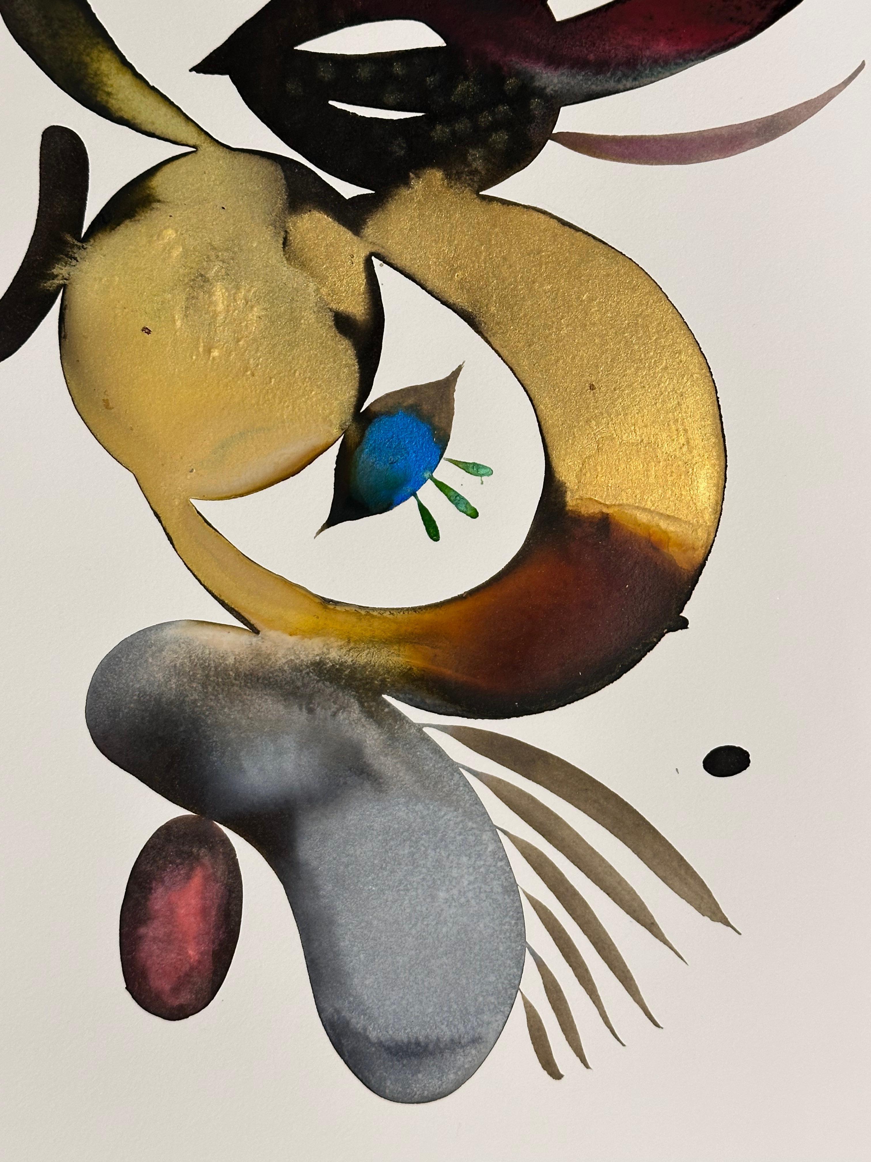 Delights 125 - Motivo astratto contemporaneo di forme blu verde acqua oro, 2024 - Painting Contemporaneo di June Glasson