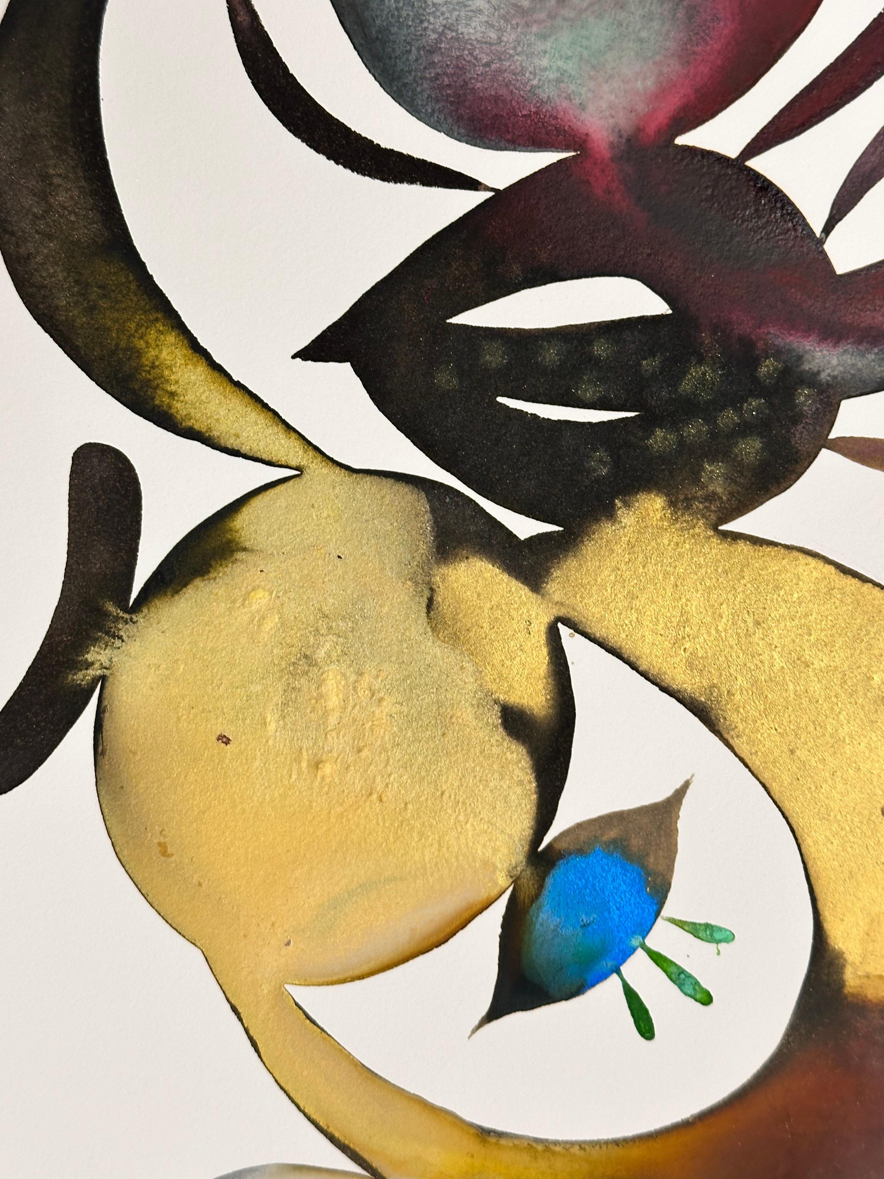 Delights 125 - Motivo astratto contemporaneo di forme blu verde acqua oro, 2024 - Abstract Painting Blu di June Glasson