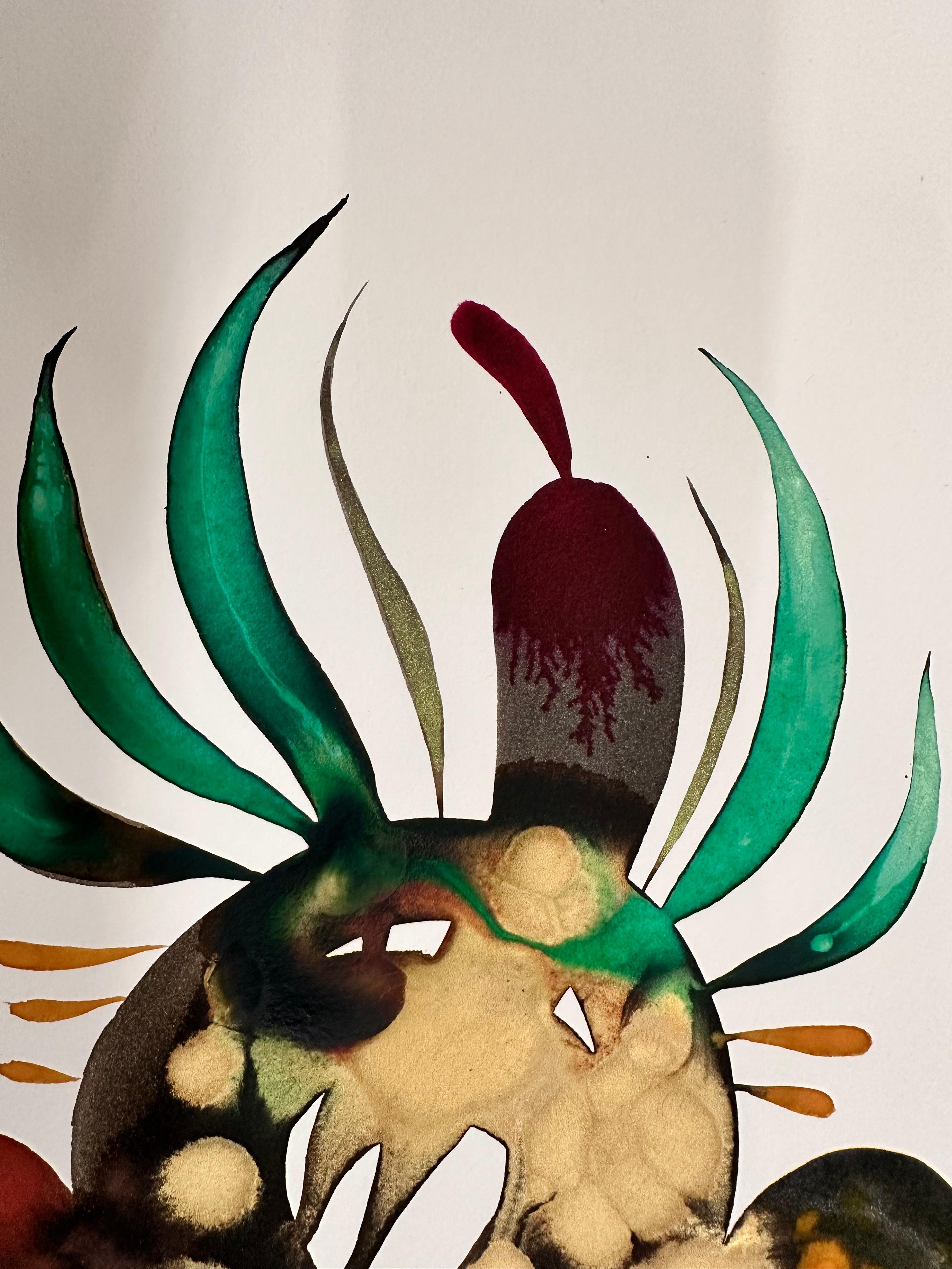 Delicias 126 - Patrón de formas abstractas contemporáneas verde teal dorado, 2024 - Painting Contemporáneo de June Glasson