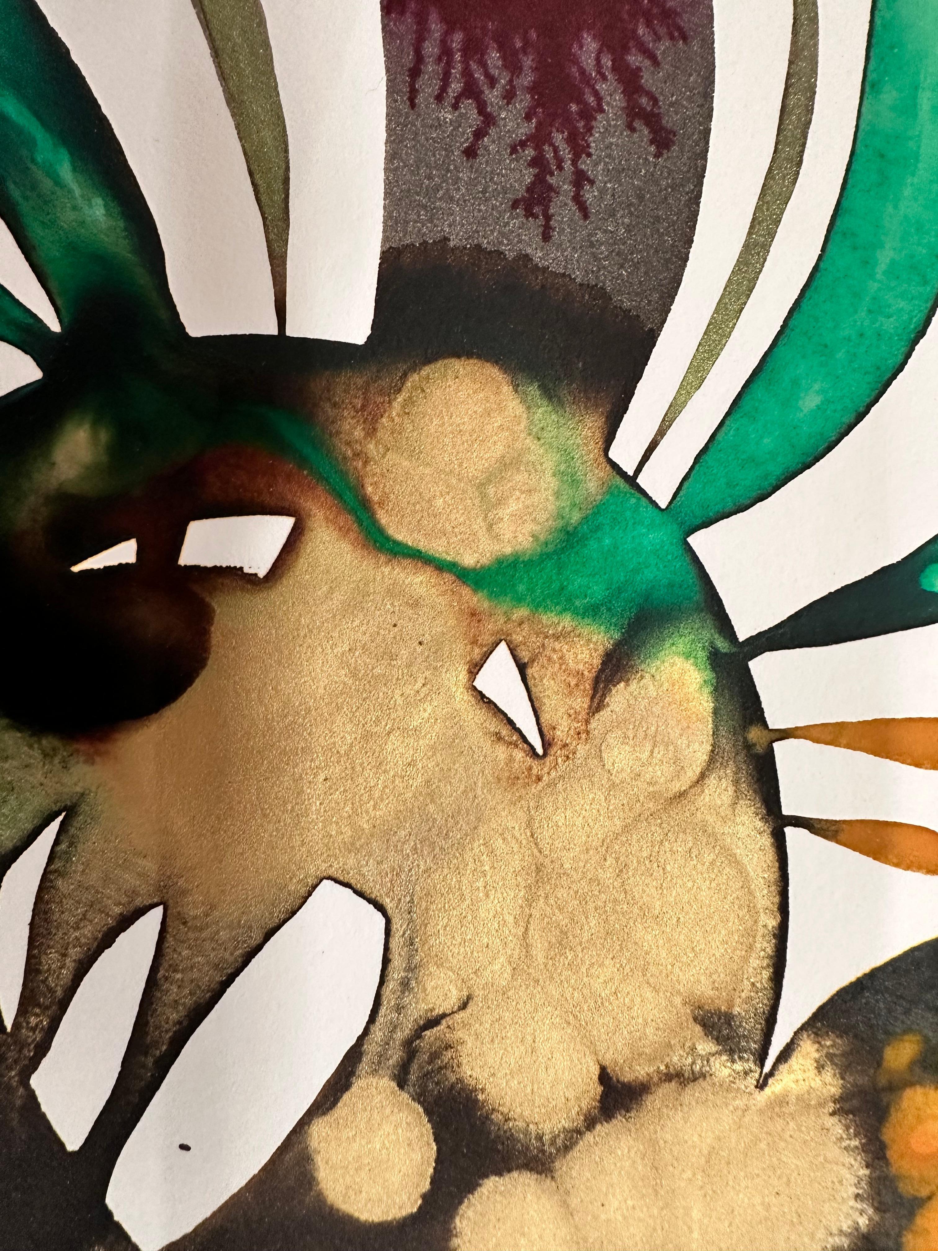 Delicias 126 - Patrón de formas abstractas contemporáneas verde teal dorado, 2024 en venta 1