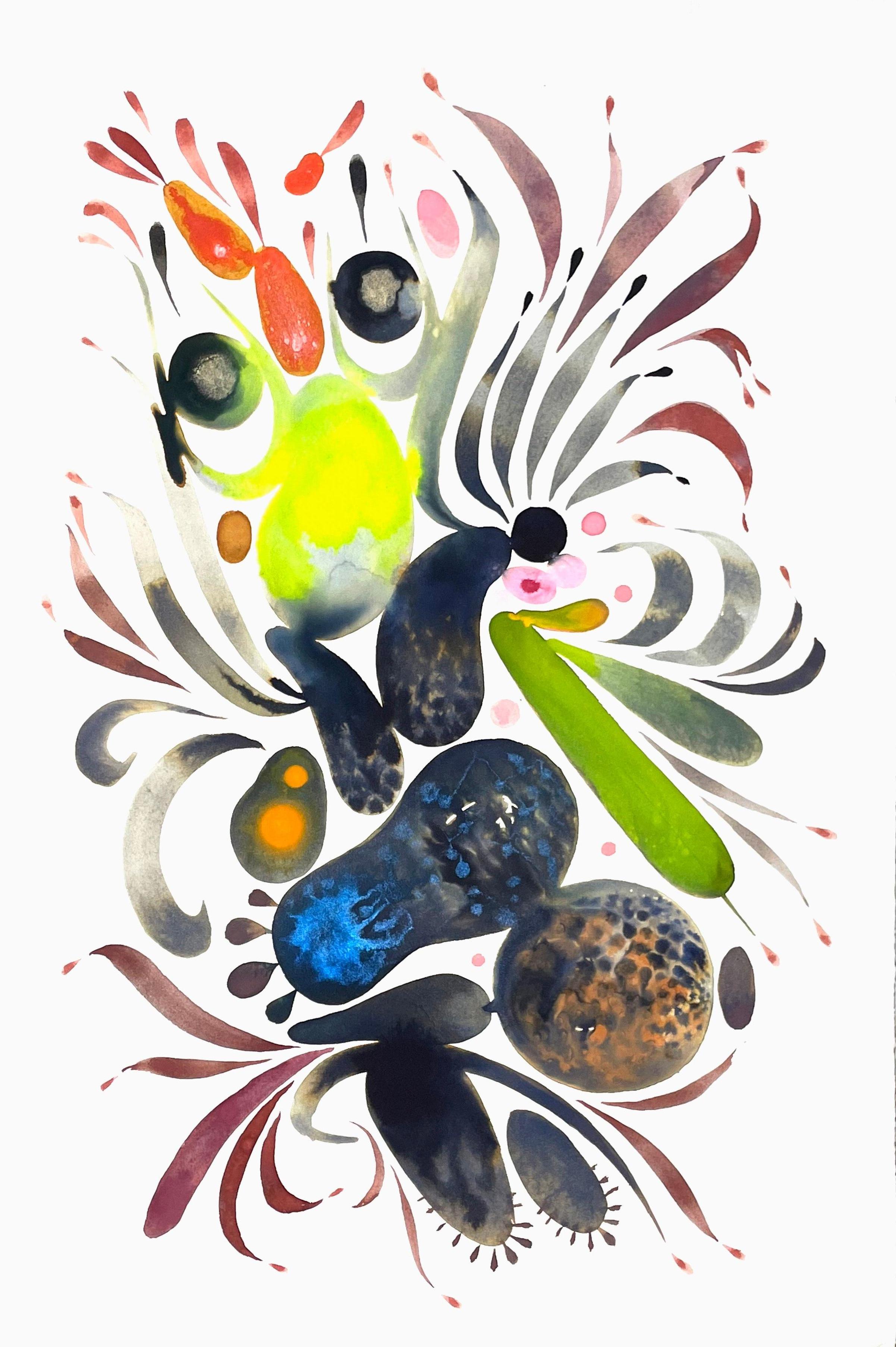Abstract Painting di June Glasson - Delights 131 - Motivo astratto contemporaneo di forme blu, giallo neon, 2024