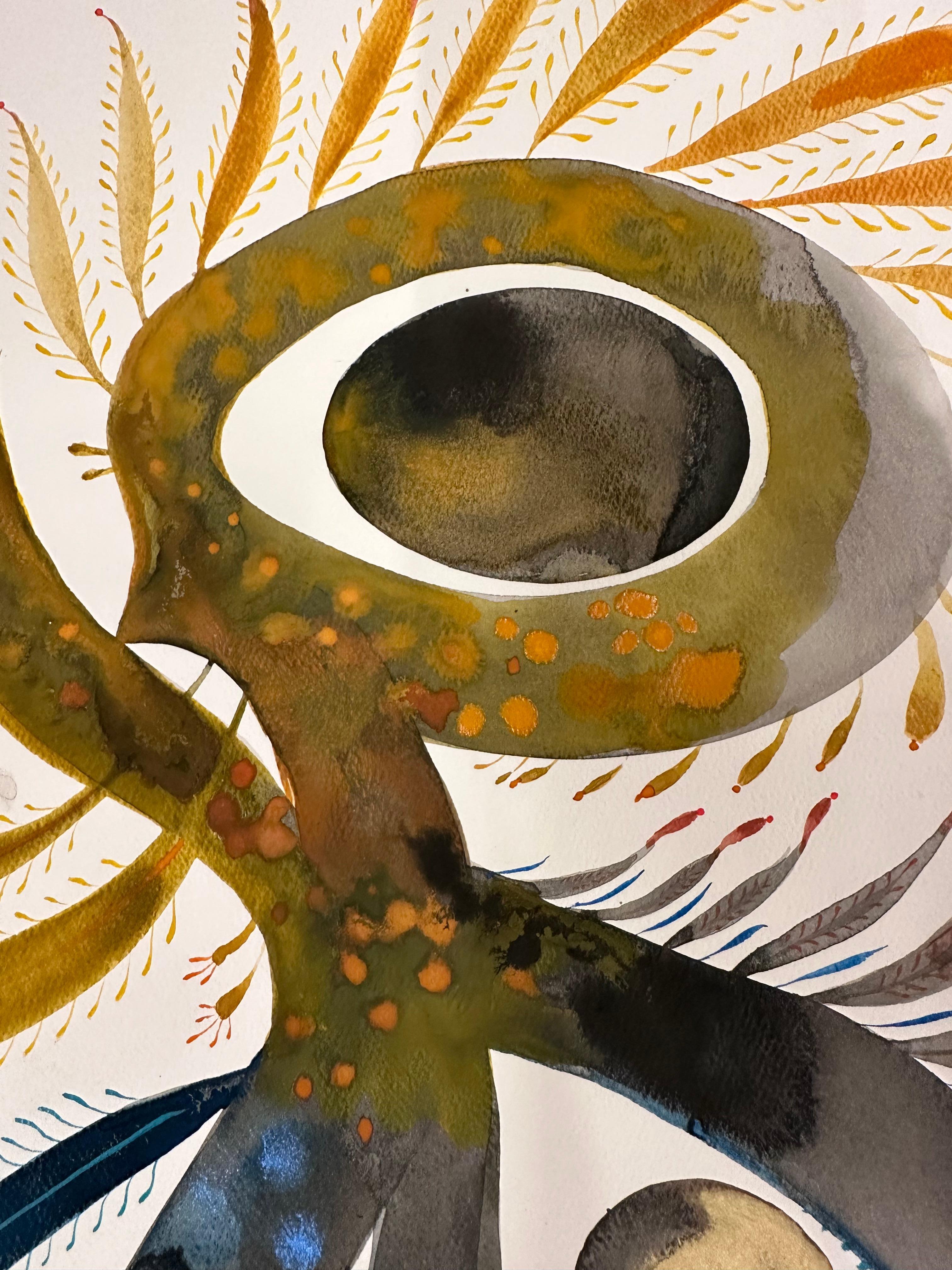 Delights 135 - Fantasia astratta contemporanea Blu Oro Ocra Grigio, 2024 - Painting di June Glasson