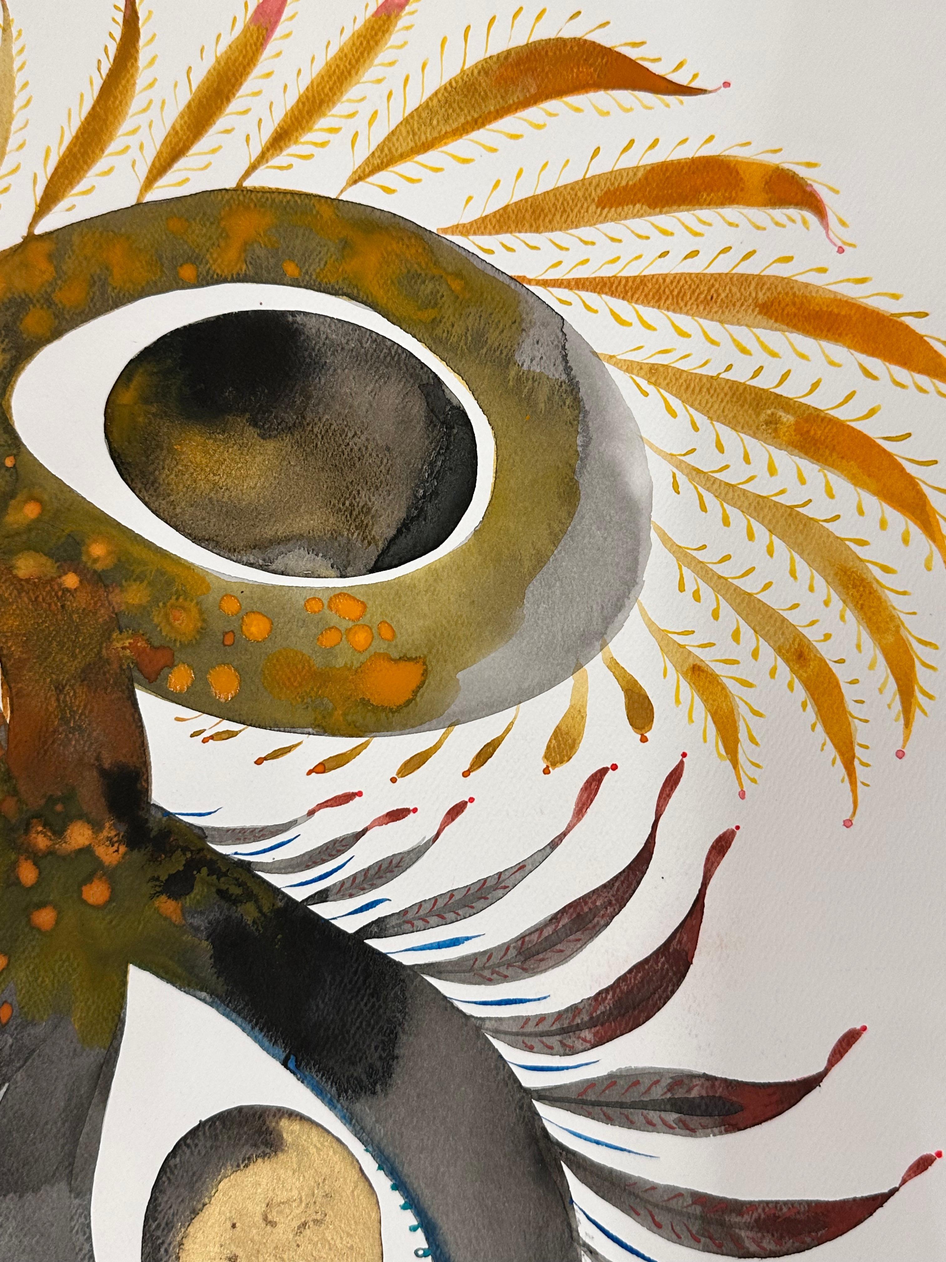 Delights 135 - Fantasia astratta contemporanea Blu Oro Ocra Grigio, 2024 - Painting Contemporaneo di June Glasson