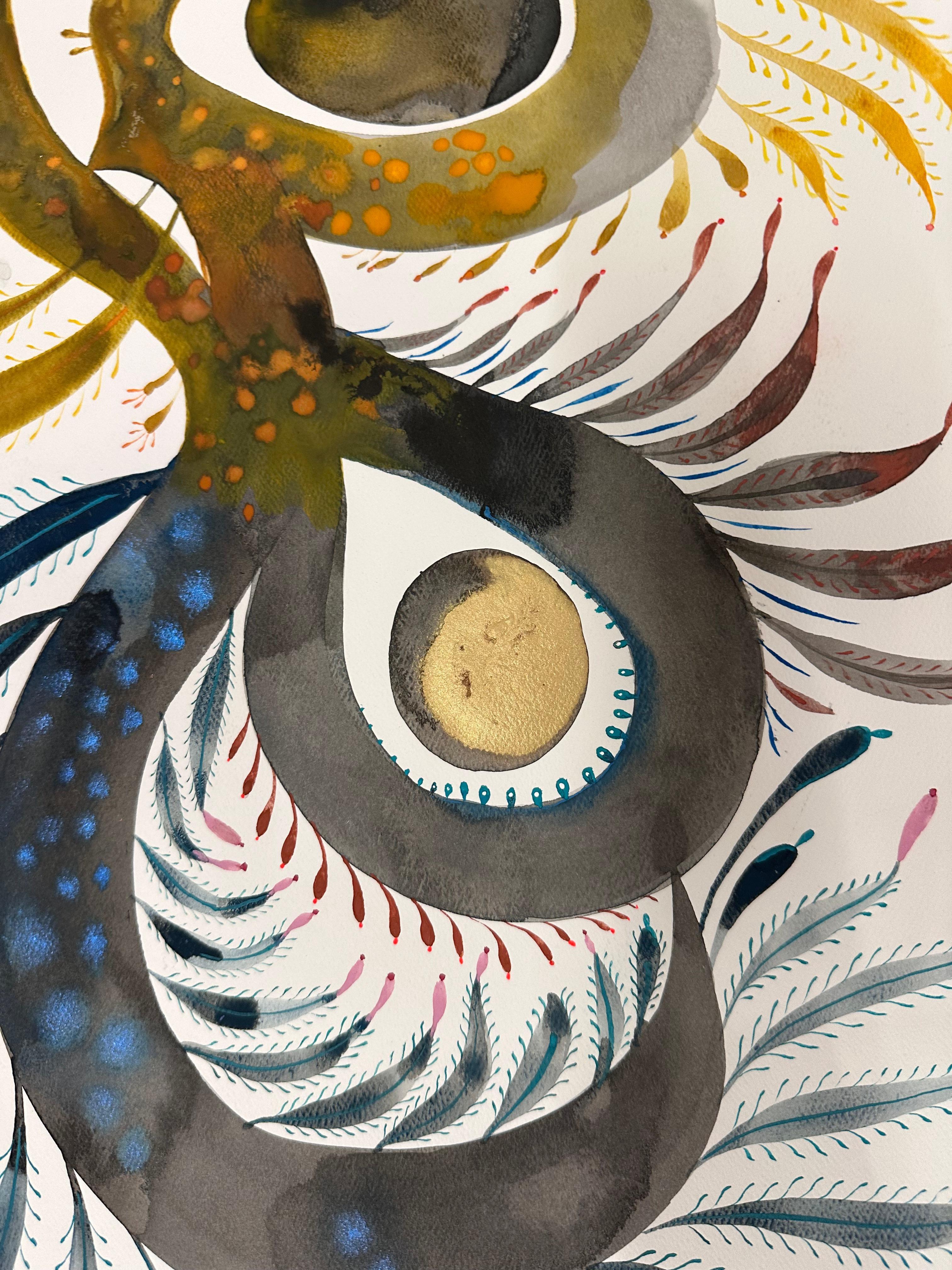 Delights 135 - Fantasia astratta contemporanea Blu Oro Ocra Grigio, 2024 - Abstract Painting Nero di June Glasson
