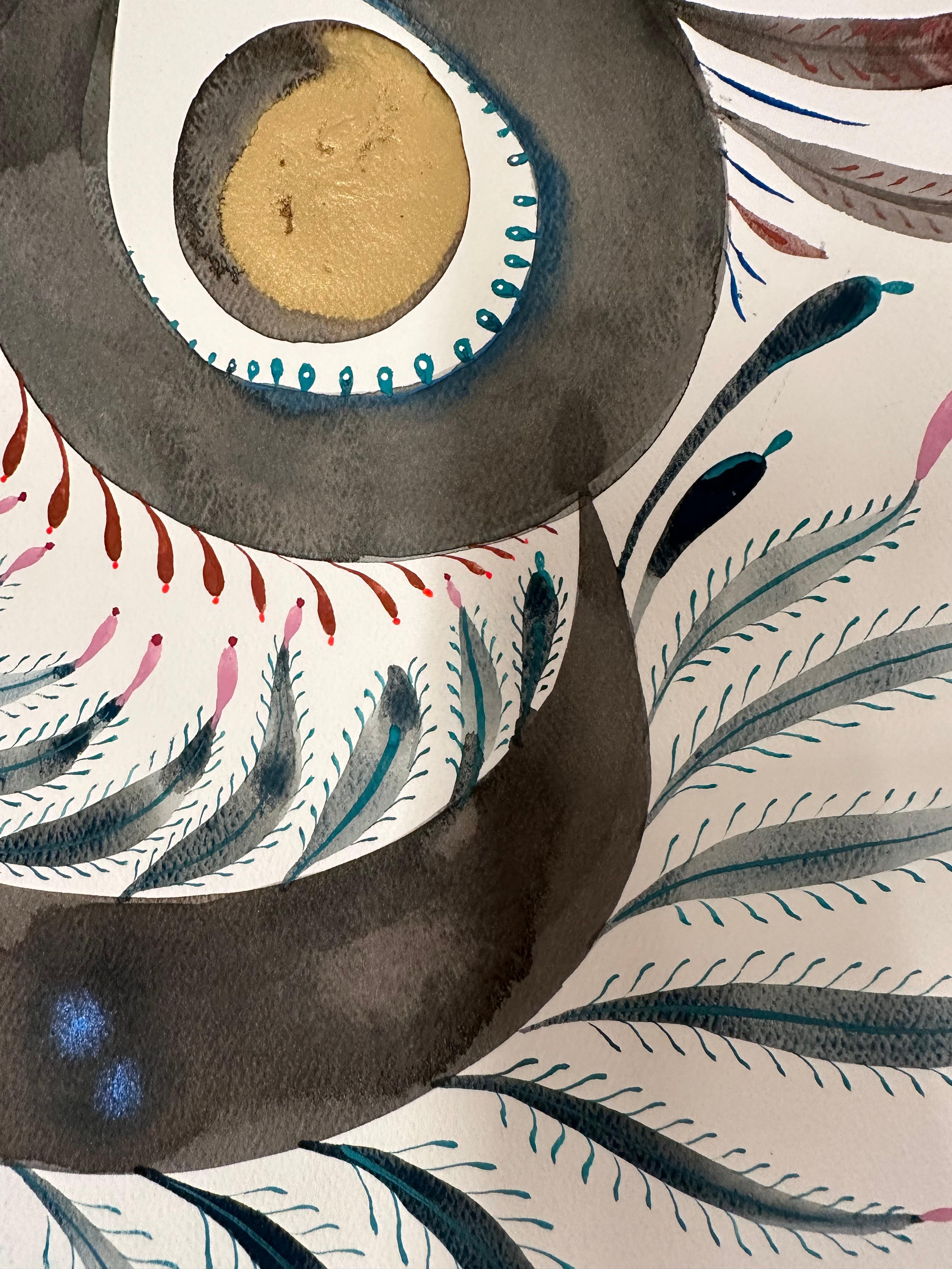 Questo dipinto contemporaneo a inchiostro, gouache e matita su carta d'archivio è composto da forme solide circondate da un motivo di linee e punti delicati in blu brillante, ocra dorata luminosa, arancione e grigio scuro.

Disponibile senza