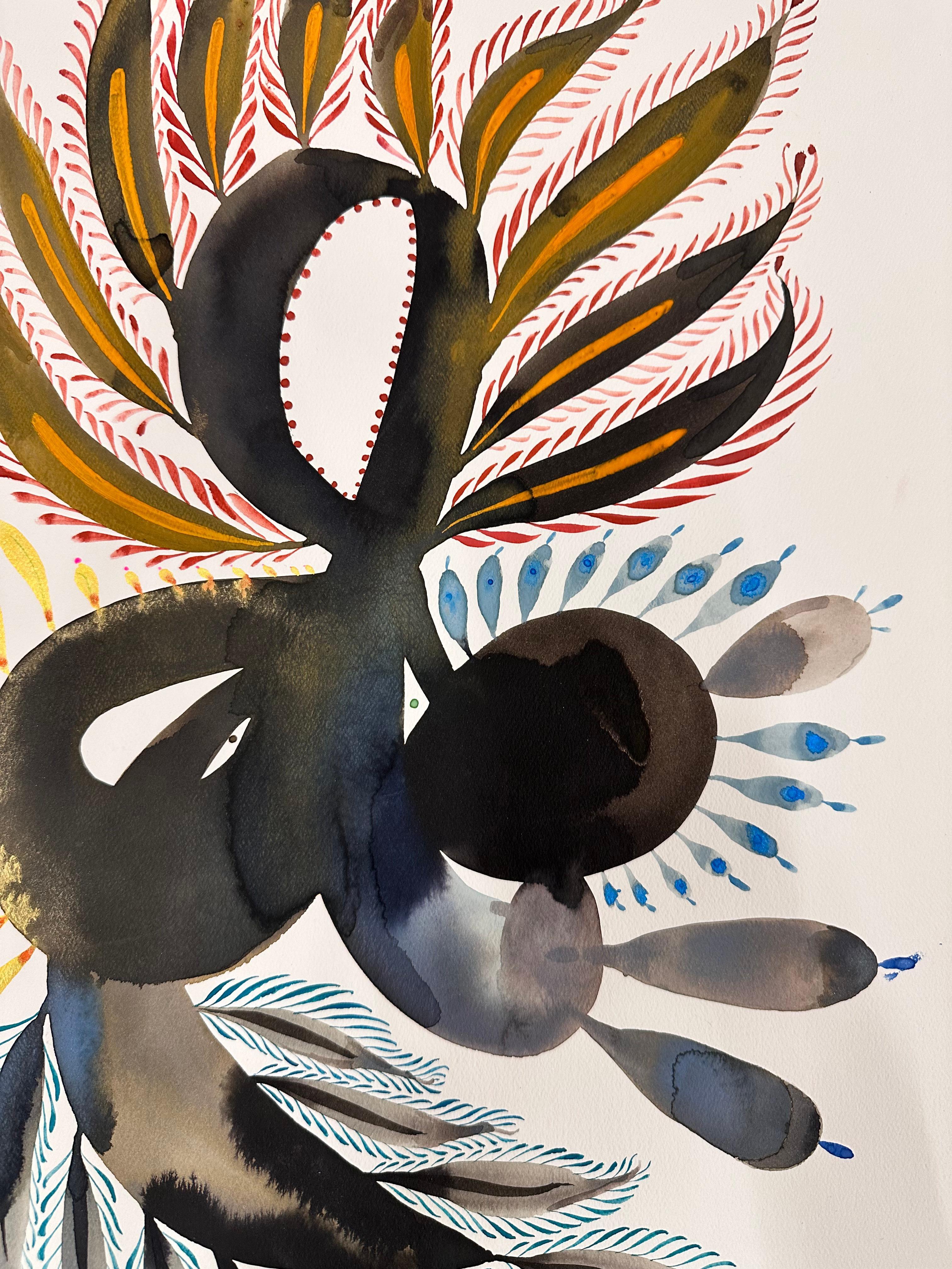 Questo dipinto contemporaneo a inchiostro, gouache e matita su carta d'archivio è composto da forme solide circondate da un motivo di linee e punti delicati in marrone scuro, taupe, grigio antracite, giallo oro, rosso e blu.

Disponibile senza