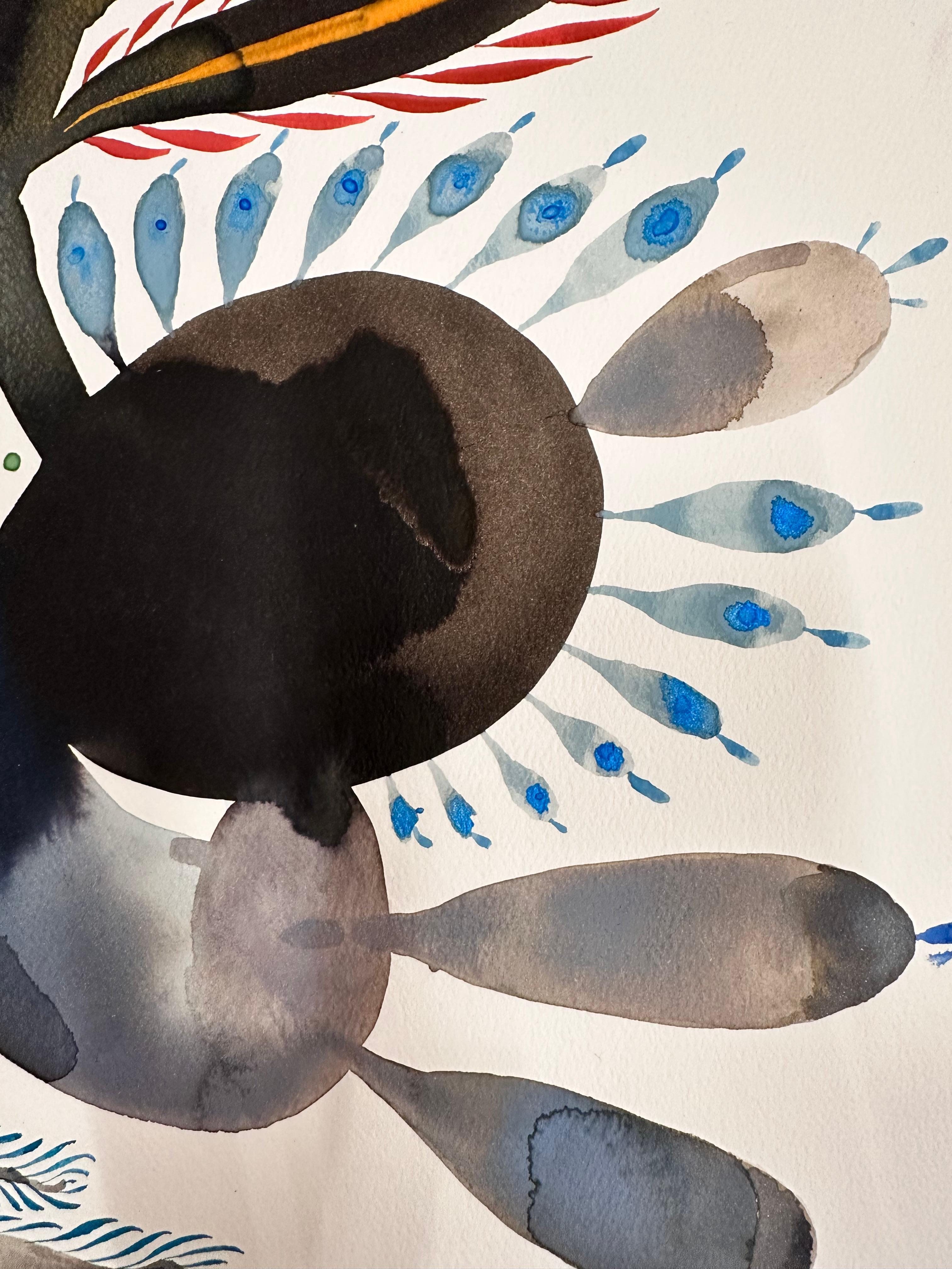 Dieses zeitgenössische Gemälde in Tusche, Gouache und Bleistift auf Archivpapier besteht aus festen Formen, die von einem Muster aus zarten Linien und Punkten in Dunkelbraun, Taupe, Anthrazit, Goldsenfgelb, Rot und Blau umgeben sind.

Ungerahmt