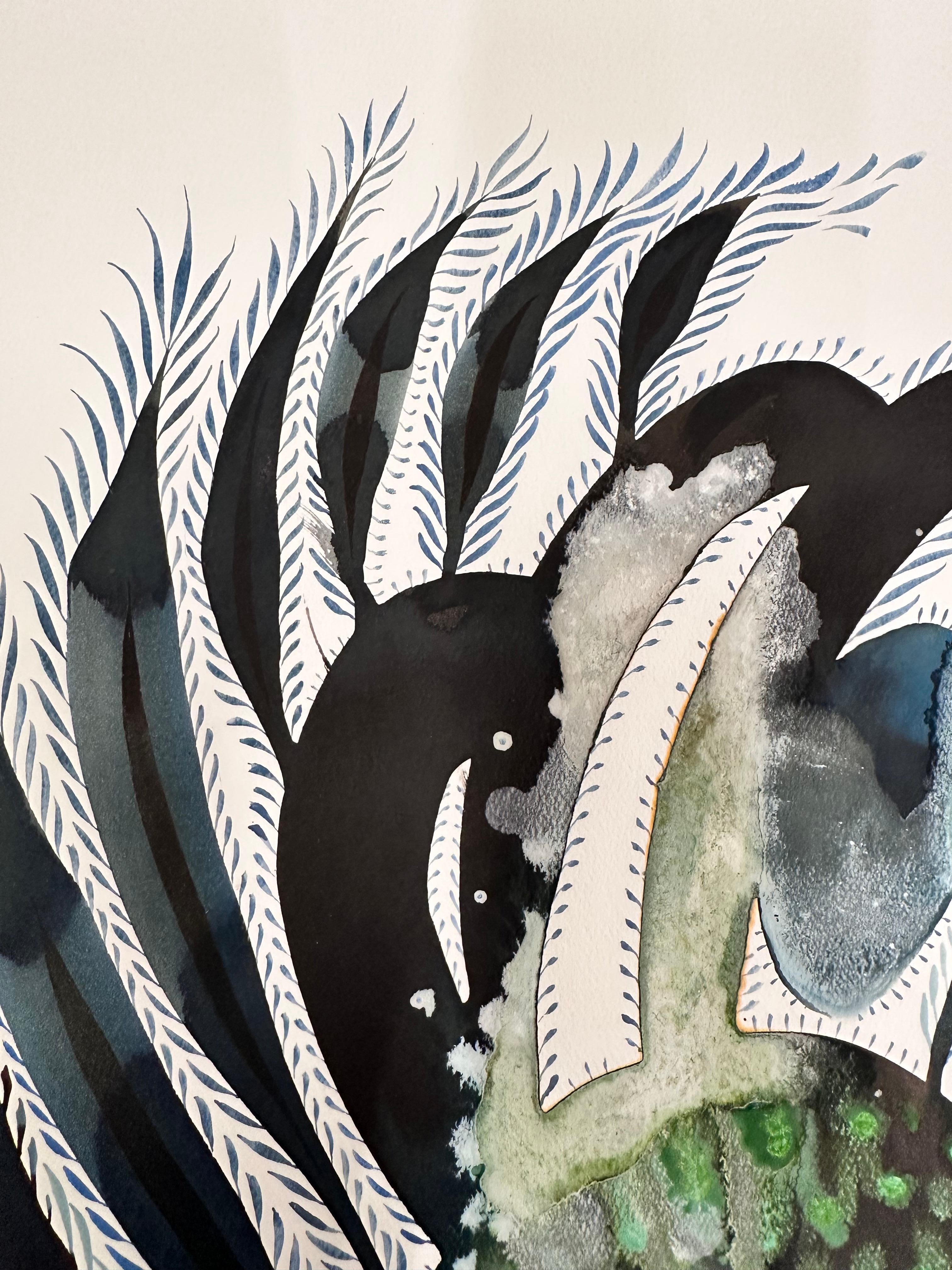 Delights 137 - Fantasia astratta contemporanea grigio ocra verde acqua oro, 2024 - Painting di June Glasson