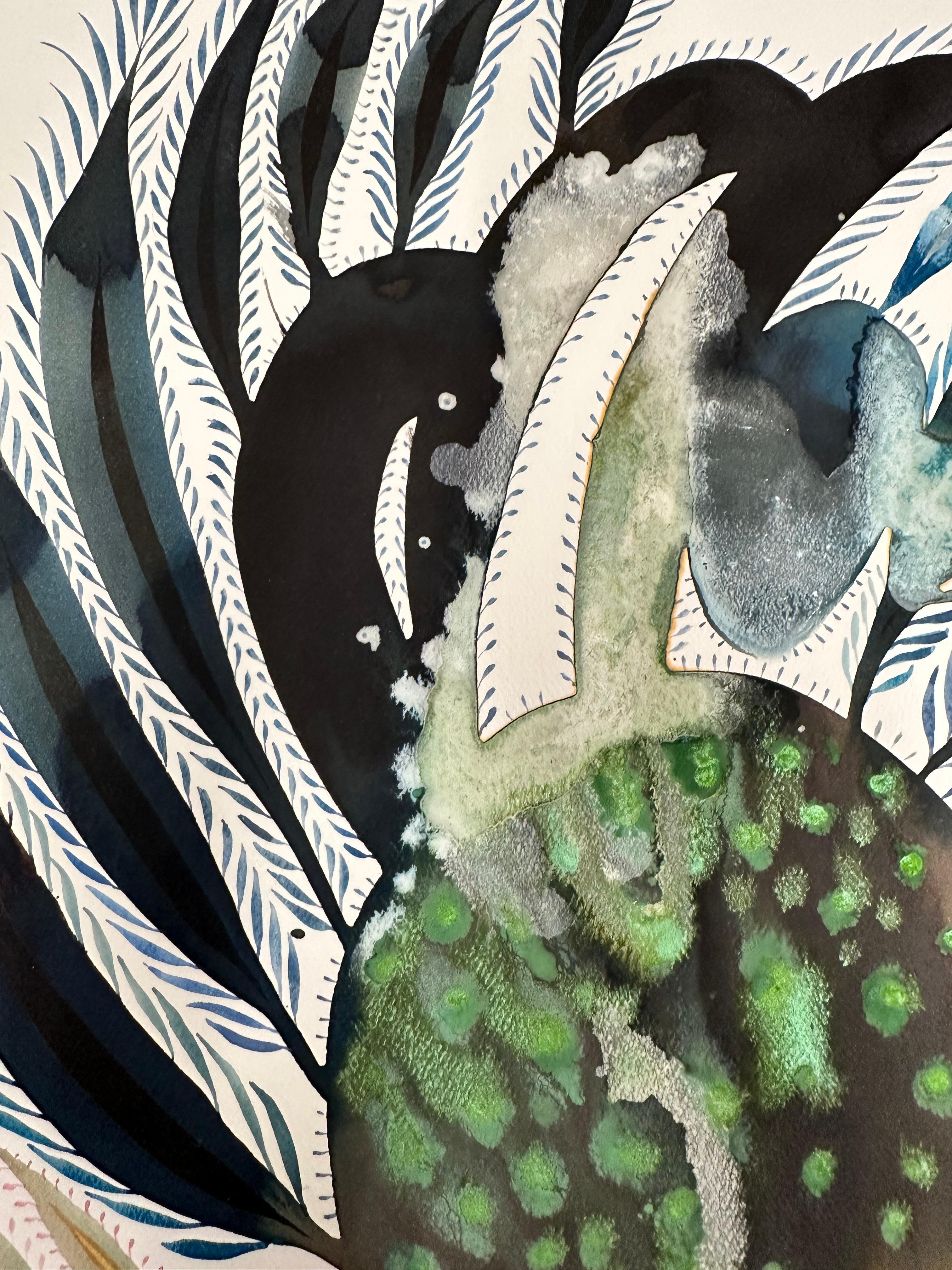 Delights 137 - Fantasia astratta contemporanea grigio ocra verde acqua oro, 2024 - Painting Contemporaneo di June Glasson