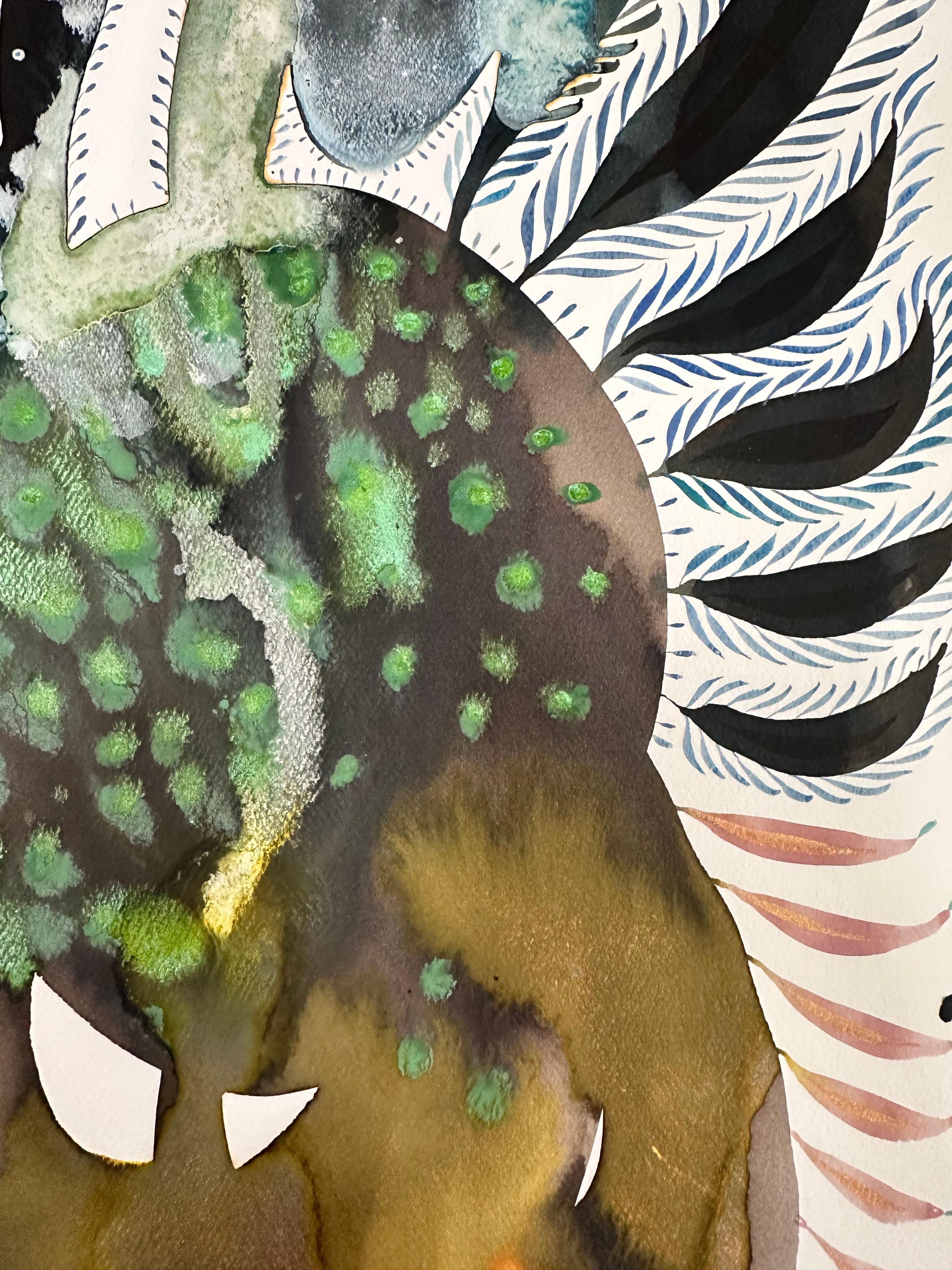 Delights 137 - Fantasia astratta contemporanea grigio ocra verde acqua oro, 2024 - Abstract Painting Grigio di June Glasson