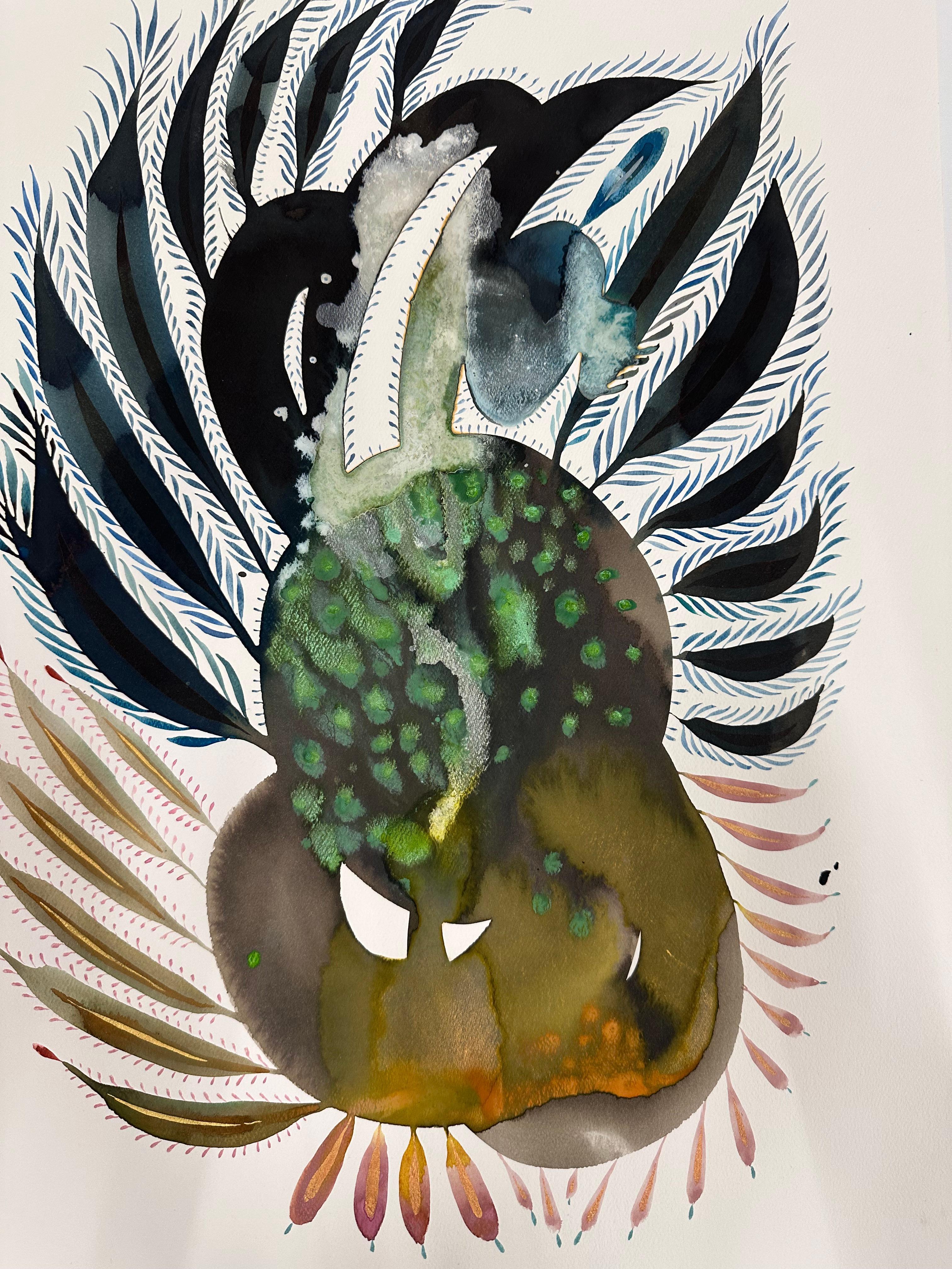 Questo dipinto contemporaneo a inchiostro, gouache e matita su carta d'archivio è composto da forme solide circondate da un motivo di linee e punti delicati in colore scuro.  grigio carbone, oliva, ocra, arancio dorato, giallo brillante e verde