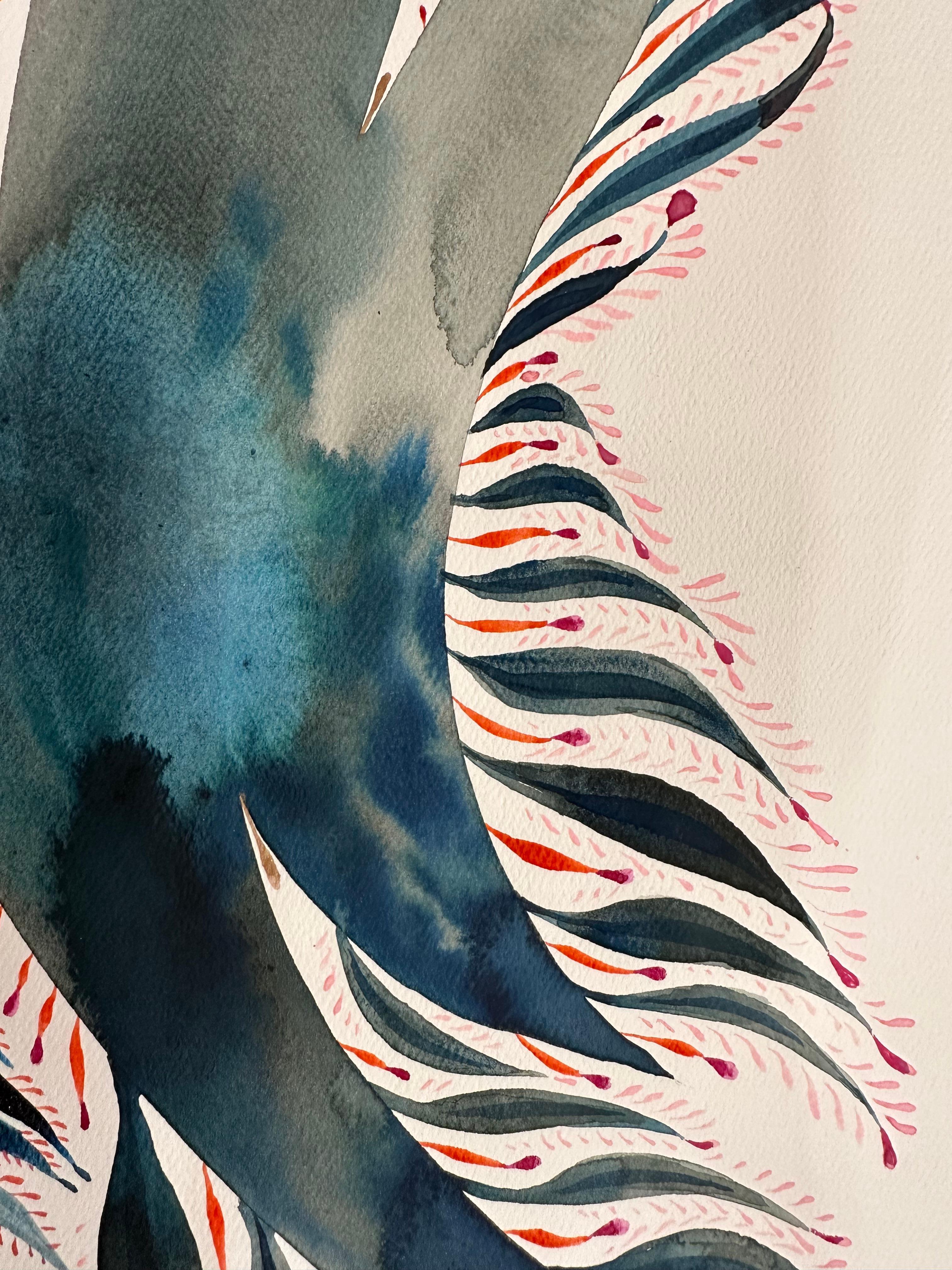 Esta pintura contemporánea en tinta, aguada y lápiz sobre papel de archivo se compone de formas sólidas rodeadas de un dibujo de delicadas líneas y puntos en azul brillante, amarillo luminoso, rojo magenta y gris oscuro.

Disponible sin enmarcar,