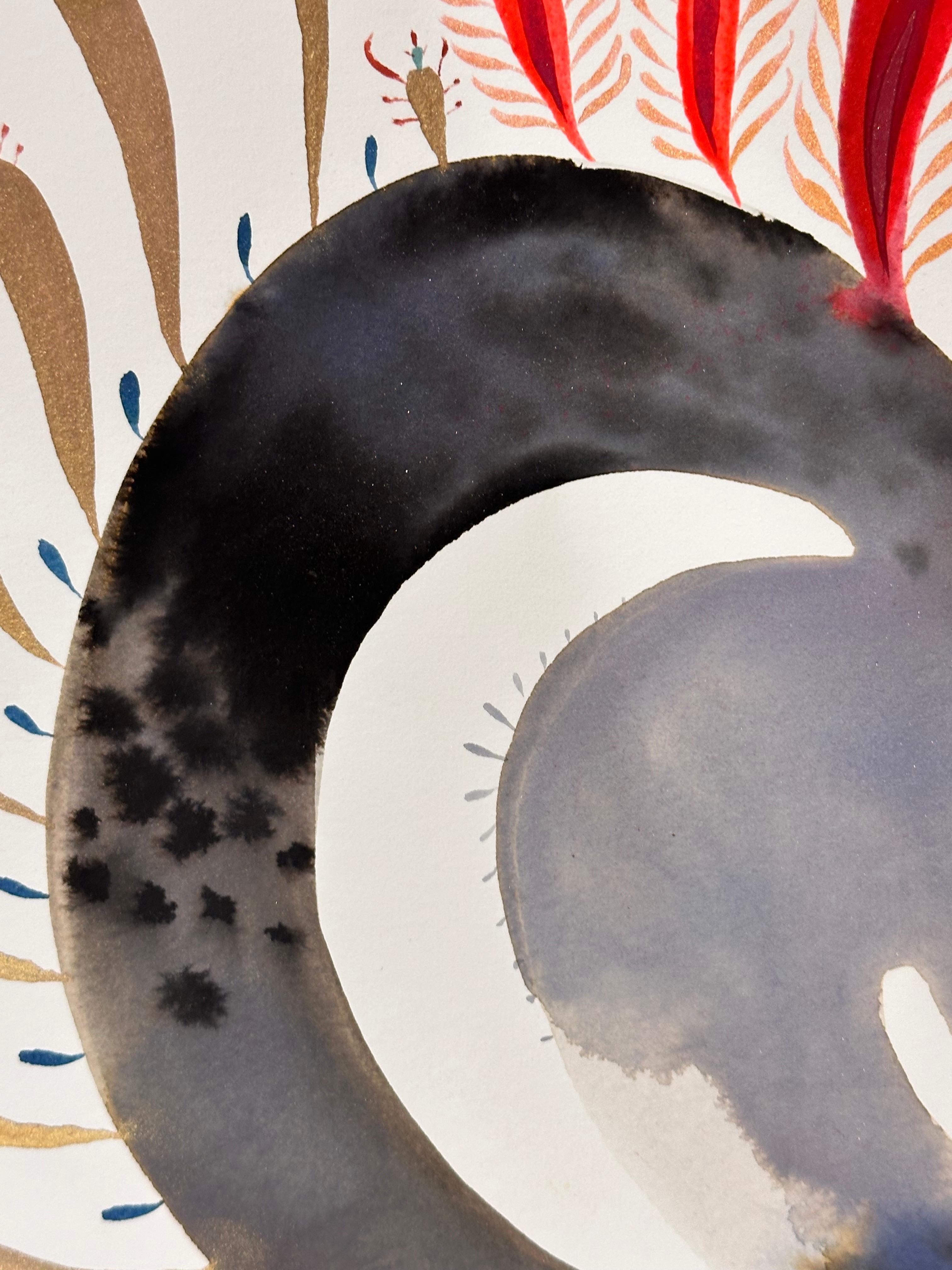 Delights 139 - Contemporary Abstract Shapes Pattern Bright Red Gray Mint, 2023 - Beige Abstract Painting by June Glasson