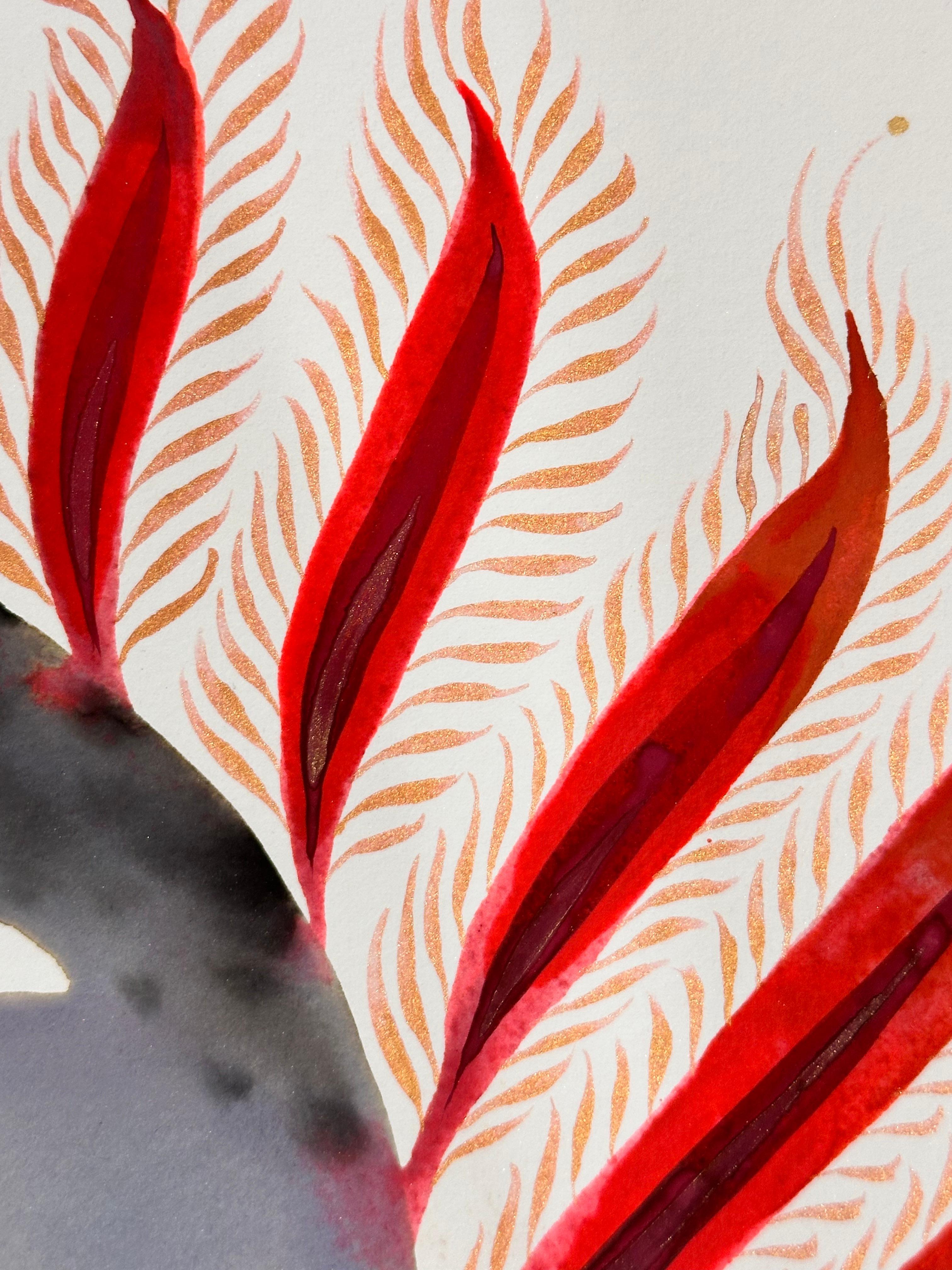 Esta pintura contemporánea en tinta, aguada y lápiz sobre papel de archivo se compone de formas sólidas rodeadas de un dibujo de delicadas líneas y puntos en rojo carmesí brillante, ocre dorado luminoso, verde menta y gris oscuro.

Disponible sin