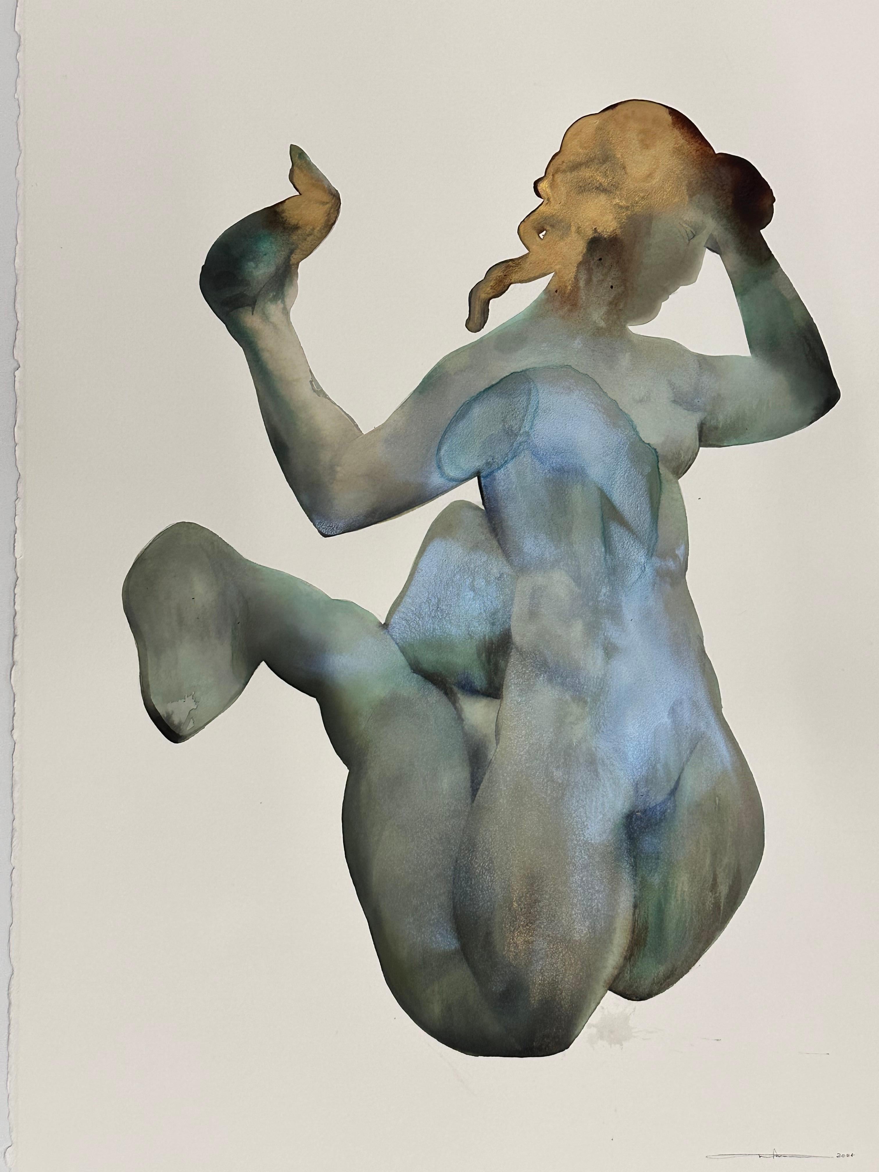Mermyade - Figurativa contemporánea azul turquesa verde dorado en forma de sirena, 2024 - Painting de June Glasson