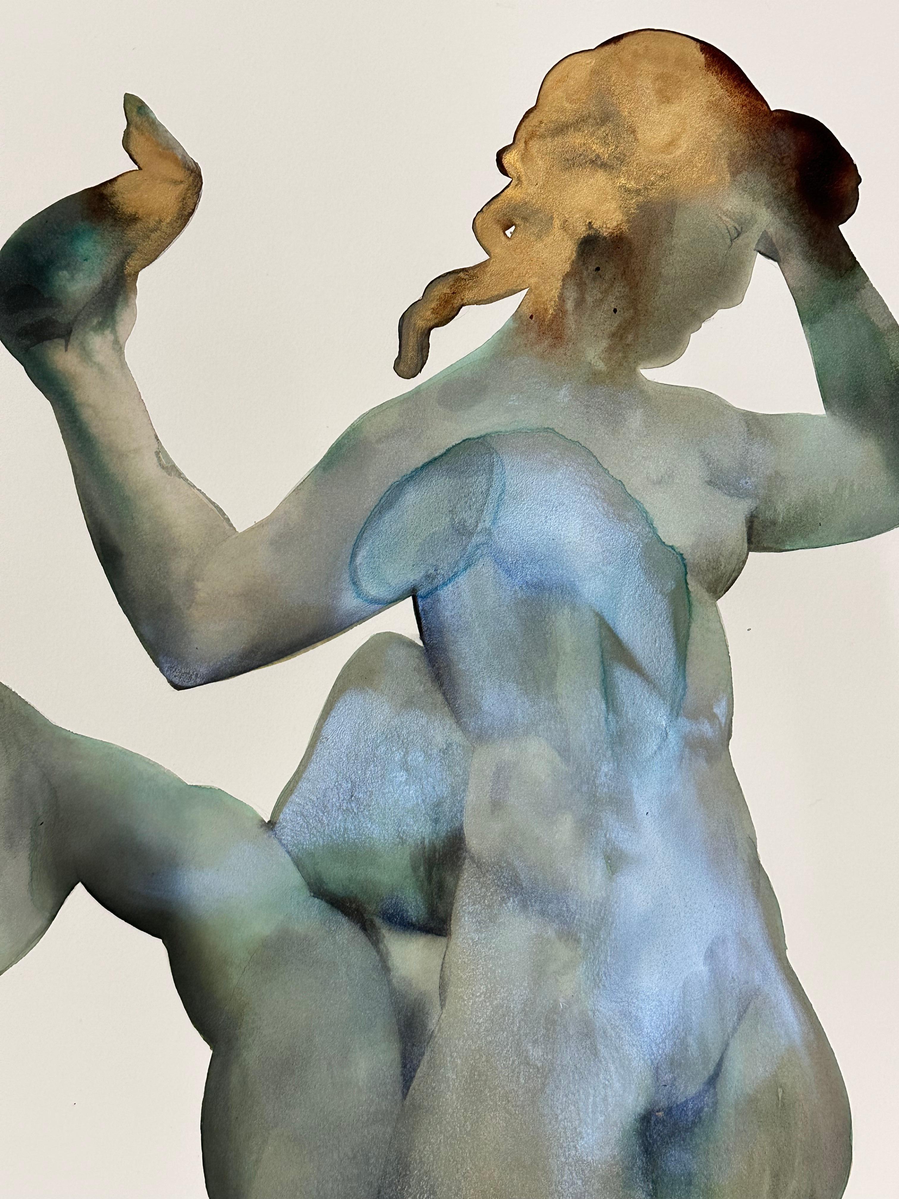 Mermyade - Figurativa contemporánea azul turquesa verde dorado en forma de sirena, 2024 - Painting Contemporáneo de June Glasson