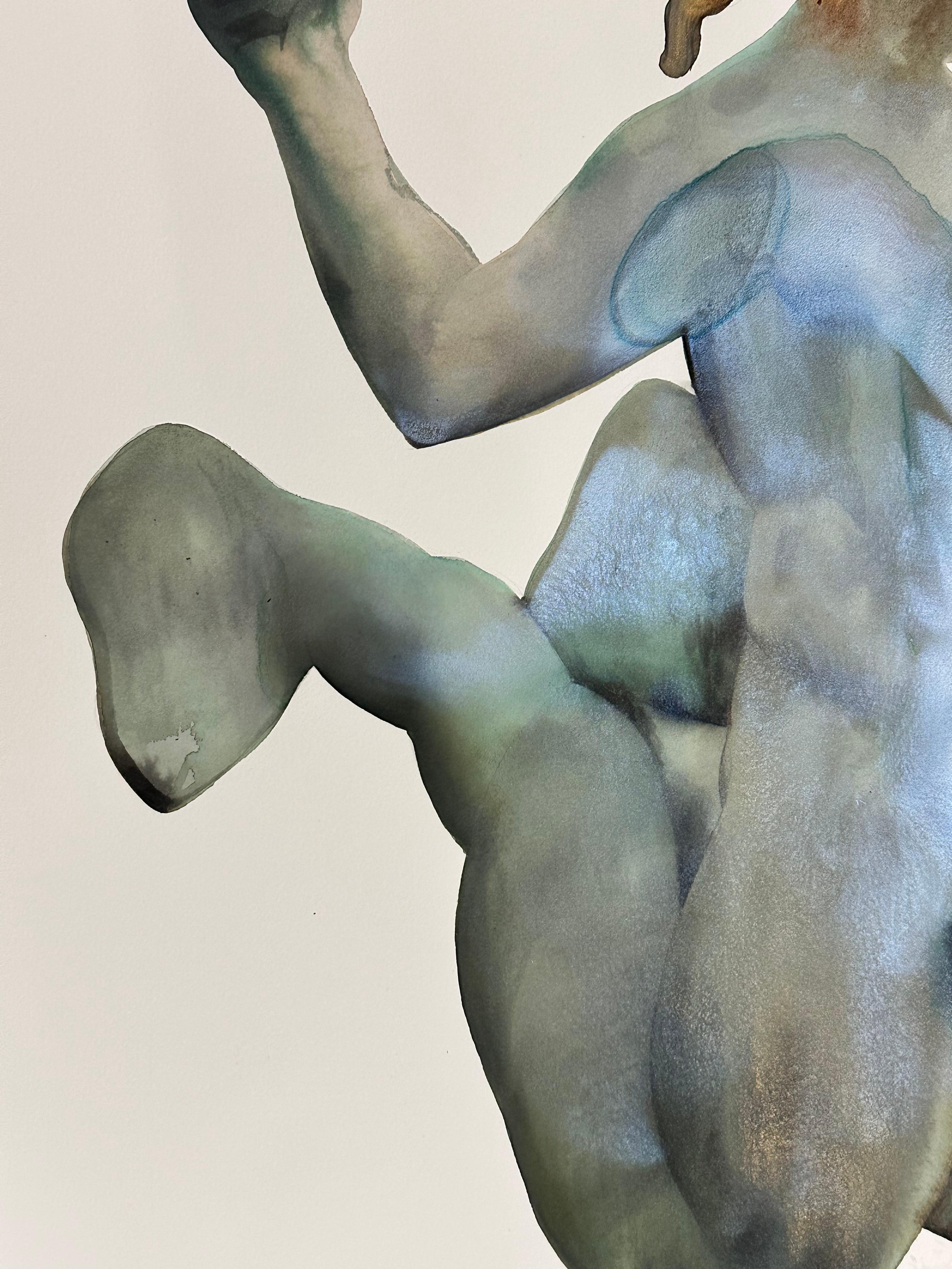 Mermyade - Figurativa contemporánea azul turquesa verde dorado en forma de sirena, 2024 - Figurative Painting Gris de June Glasson