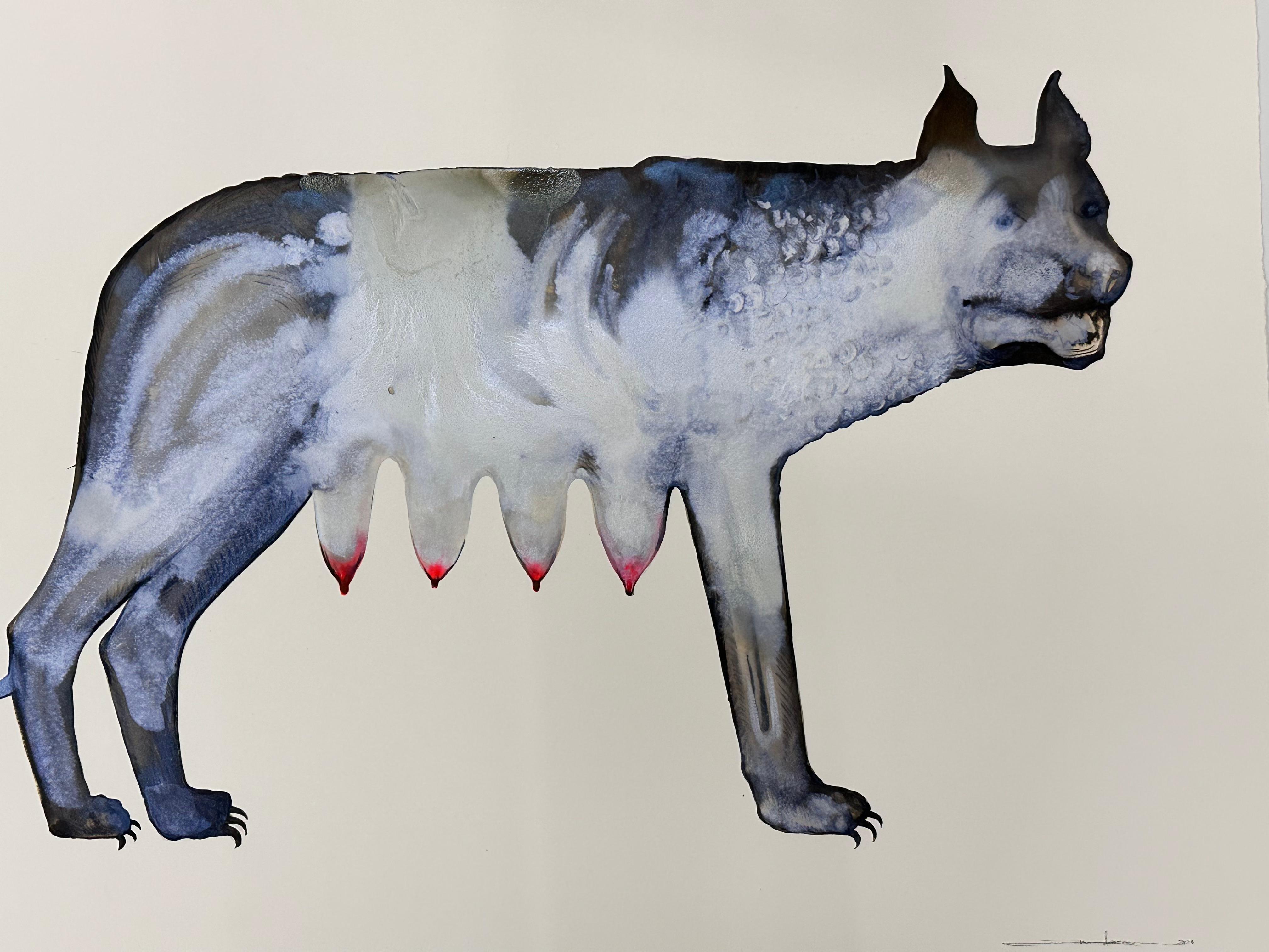Madre I - Criatura Mítica Contemporánea Animal Gris Oscuro Rojo 2024 - Painting de June Glasson