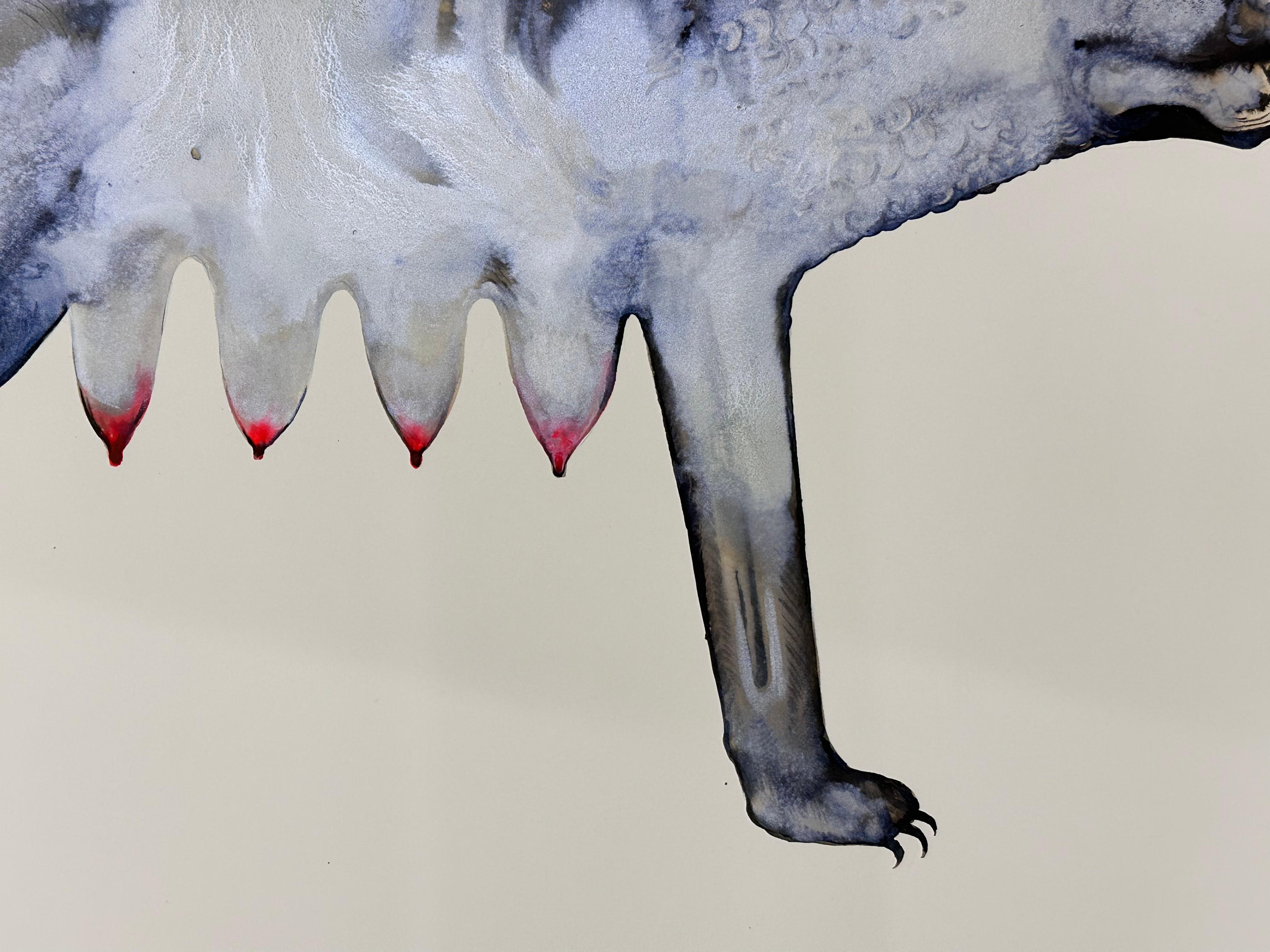 Pintura contemporánea a tinta, aguada y lápiz sobre papel de archivo de una silueta que sugiere la forma de una criatura mítica de color gris oscuro con garras y ubres de color rojo carmesí brillante.

Disponible sin enmarcar, consulta los costes de