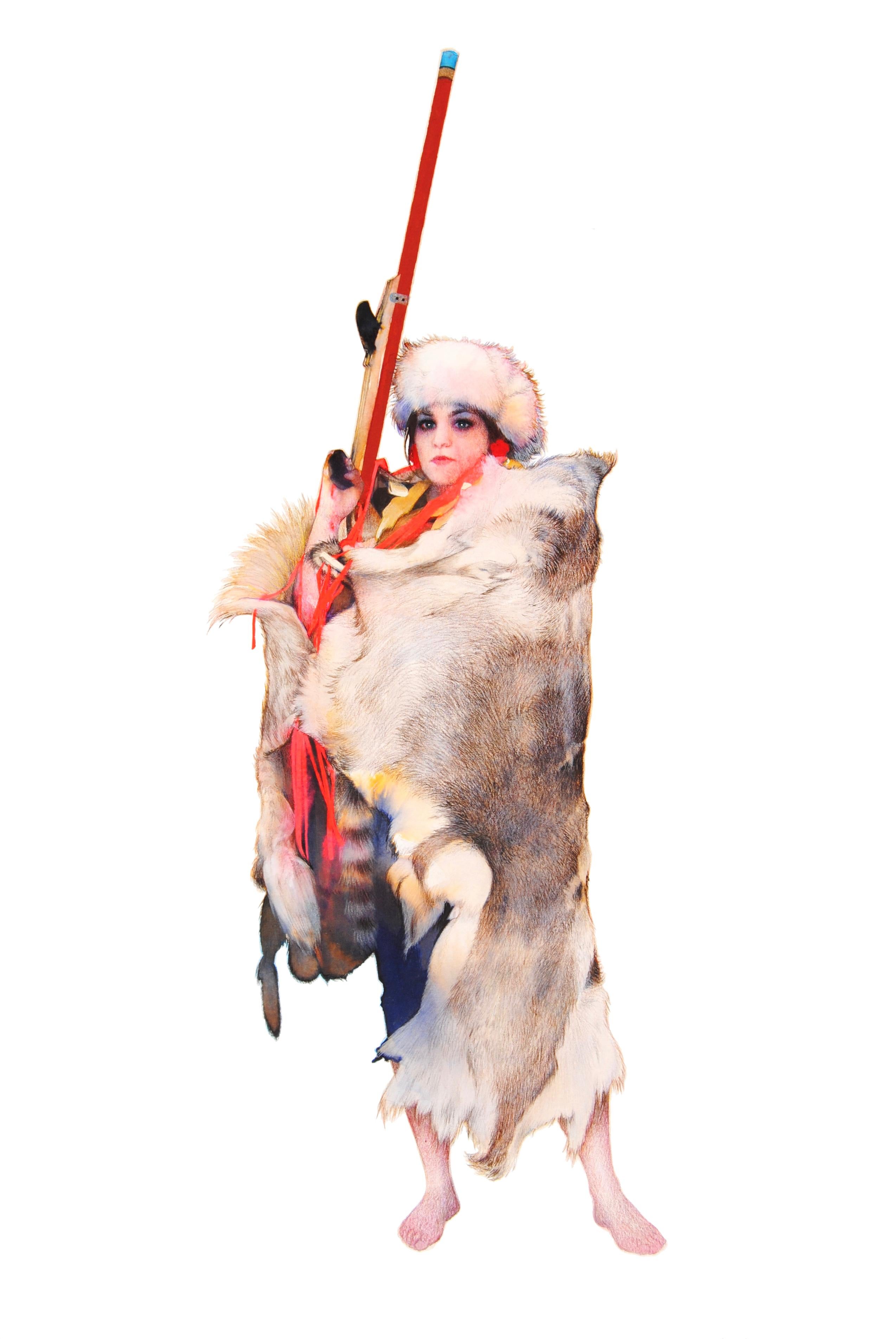 Naomi, portrait figuratif occidental de femme forte, rose fluo, fourrure et fusil rouge