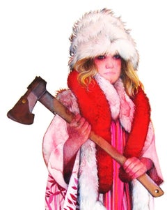 Pink Bride, Figurative Western Portrait of Strong Female, Bright Pink with Axe