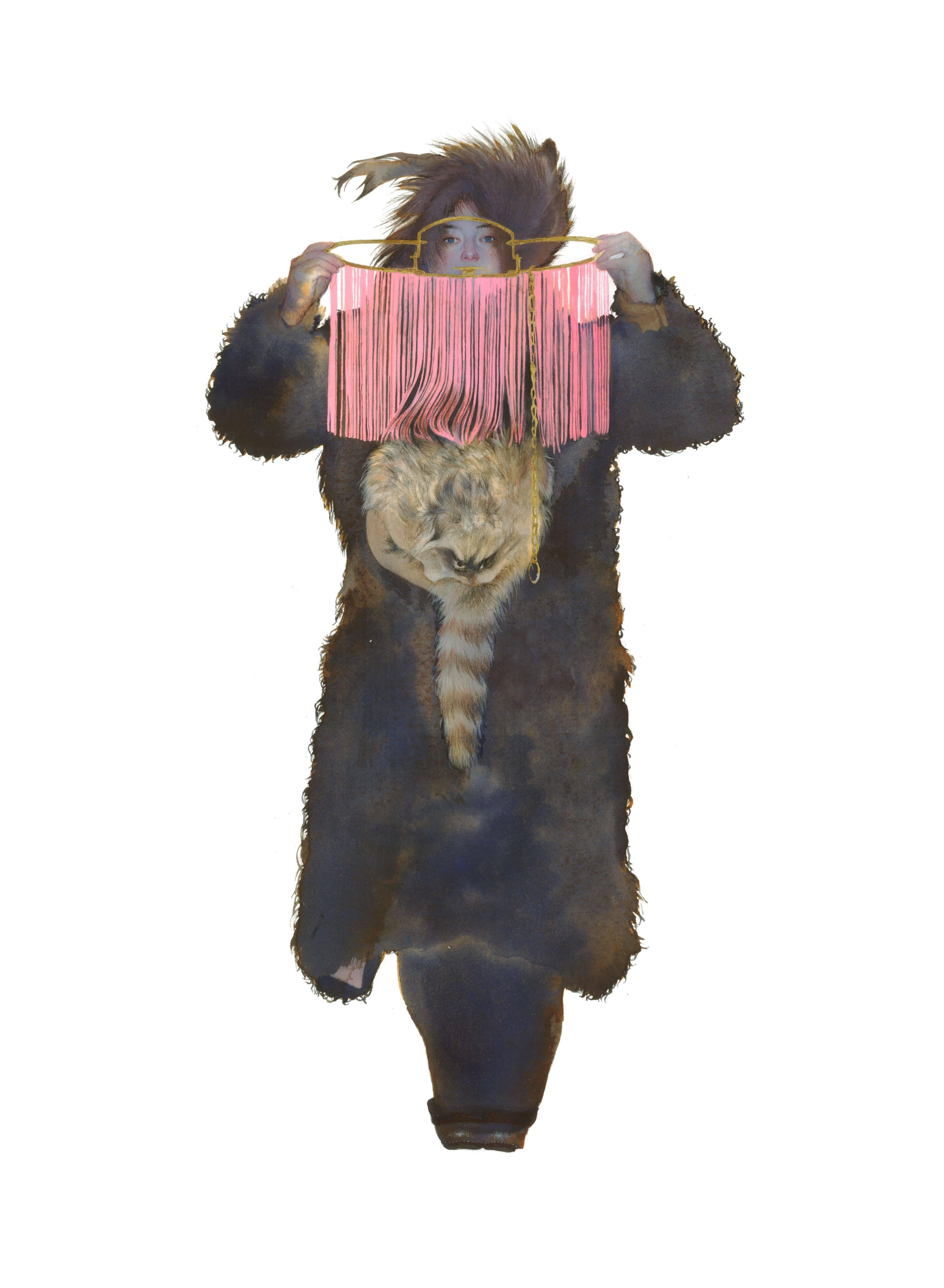 Pink Trap, Watercolor Portrait Of Woman, Fur Hat, Coat, Bright Pink, Animal