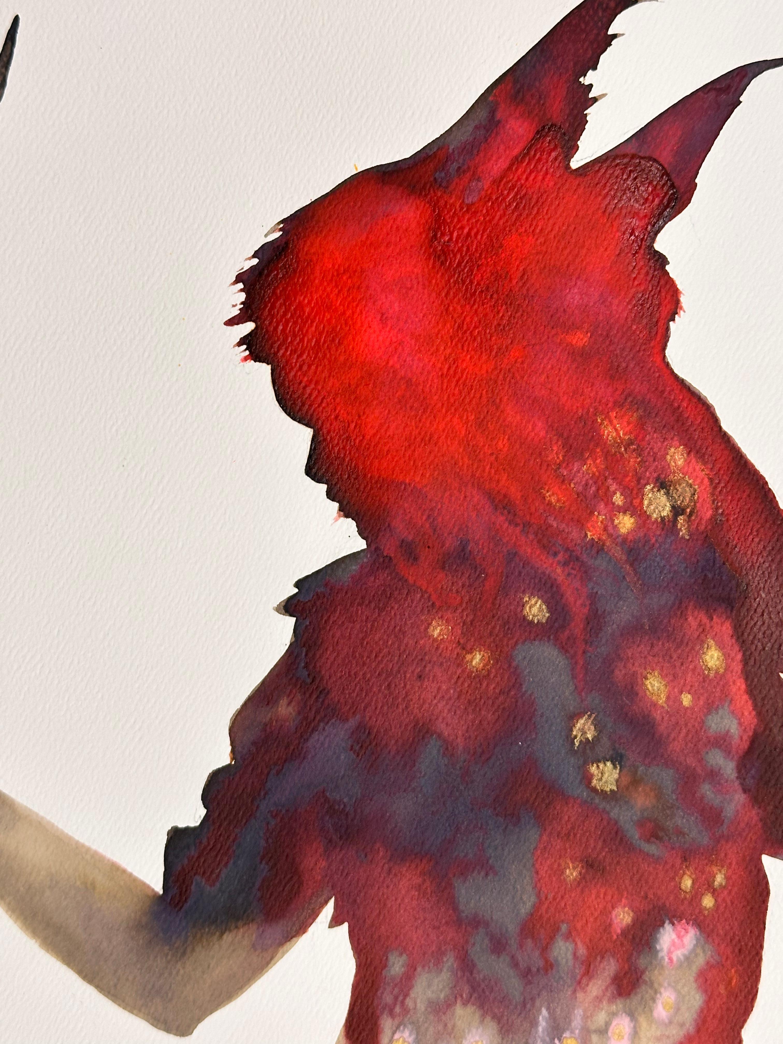 Esta pintura contemporánea en tinta, aguada y lápiz sobre papel de archivo, se compone de una silueta figurativa con traje y tocado de plumas que sugiere un fuerte personaje femenino que sostiene un bastón.

Disponible sin enmarcar, consulta los