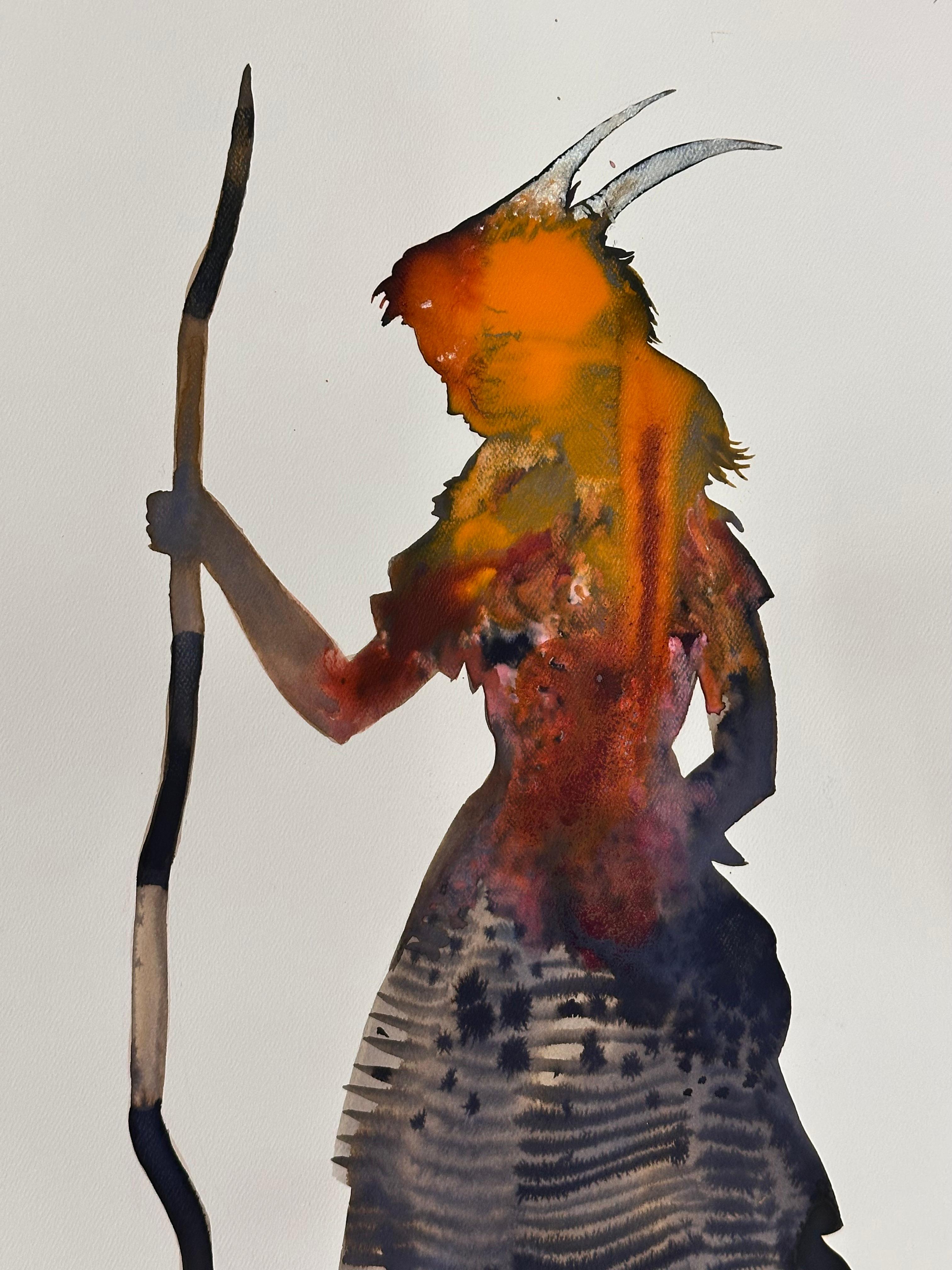 She II - Contemporary Strong Female Figure Silhouette Golden Orange Gray, 2024 - Painting de June Glasson