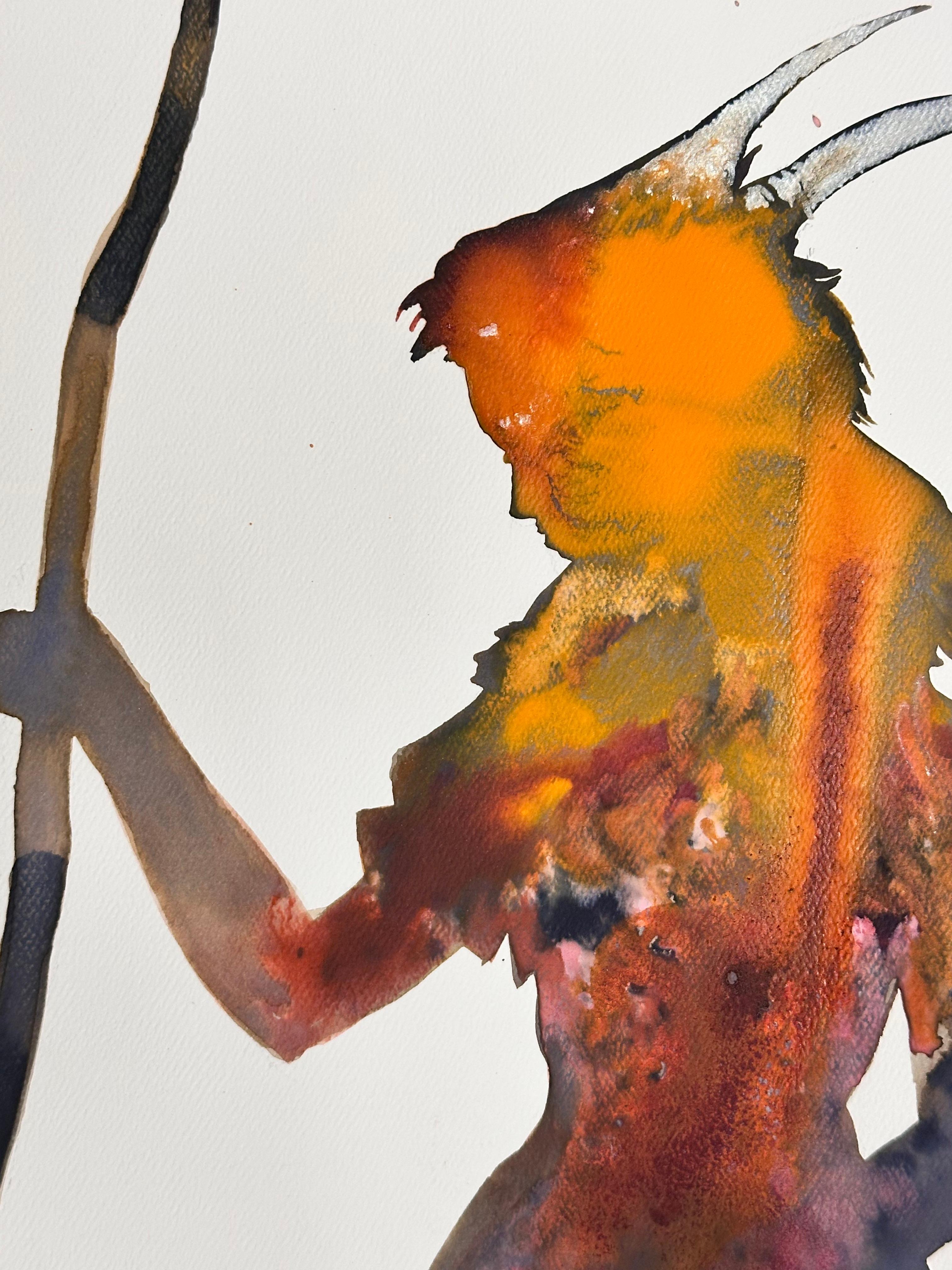 Cette peinture contemporaine à l'encre, à la gouache et au crayon sur papier d'archives, est composée d'une forme figurative en silhouette et en costume suggérant un personnage féminin fort tenant un bâton.

Disponible sans encadrement, veuillez